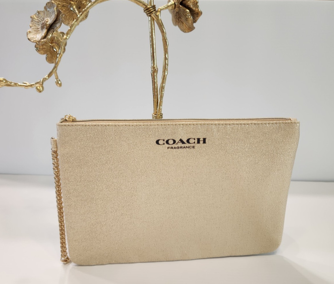 COACH Fragrance Gold Shimmer Logo Evening Pouch Bag with gold chain NEW