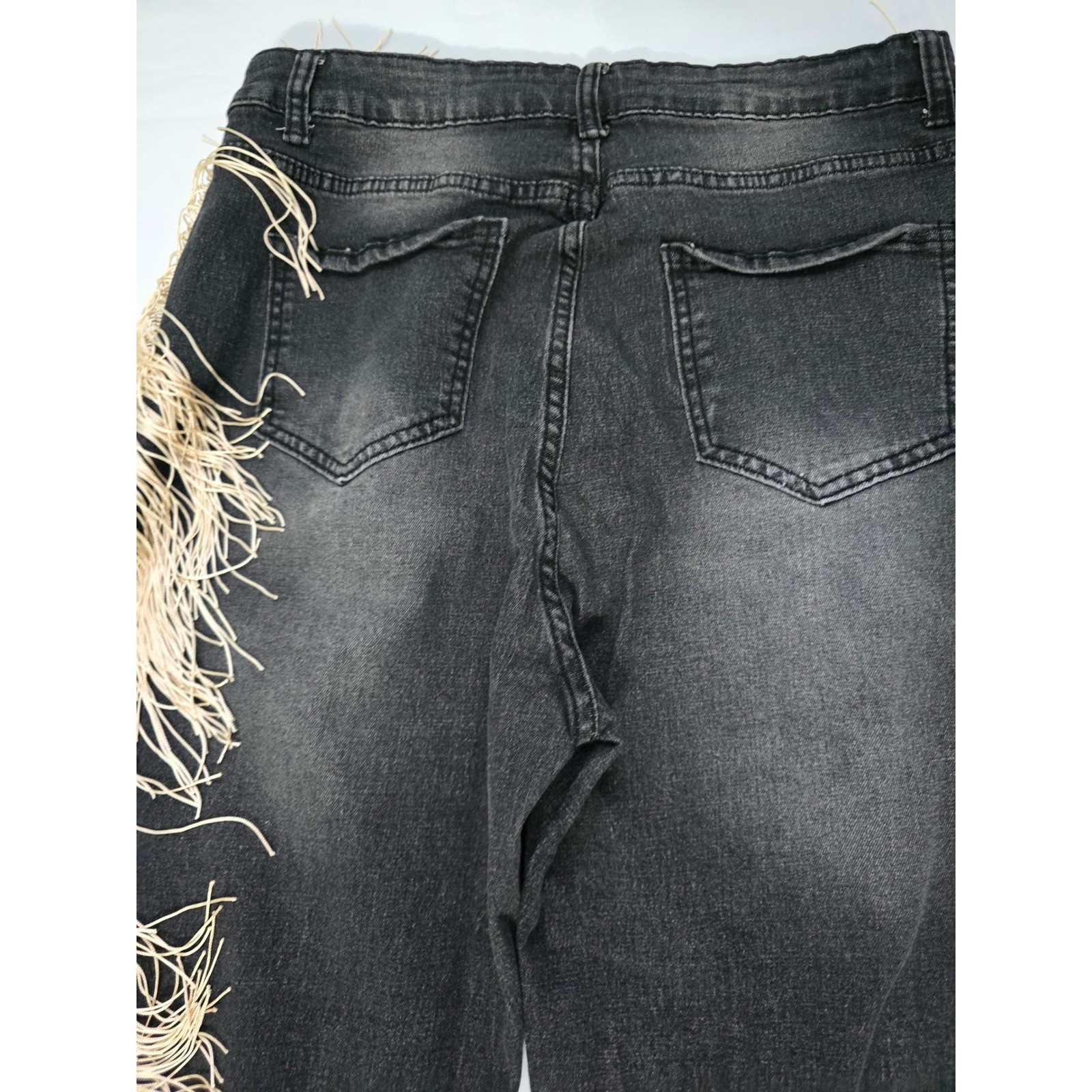 Shein Distressed Fringe Side Trim Jeans Black High Waisted Boho Ripped Denim M