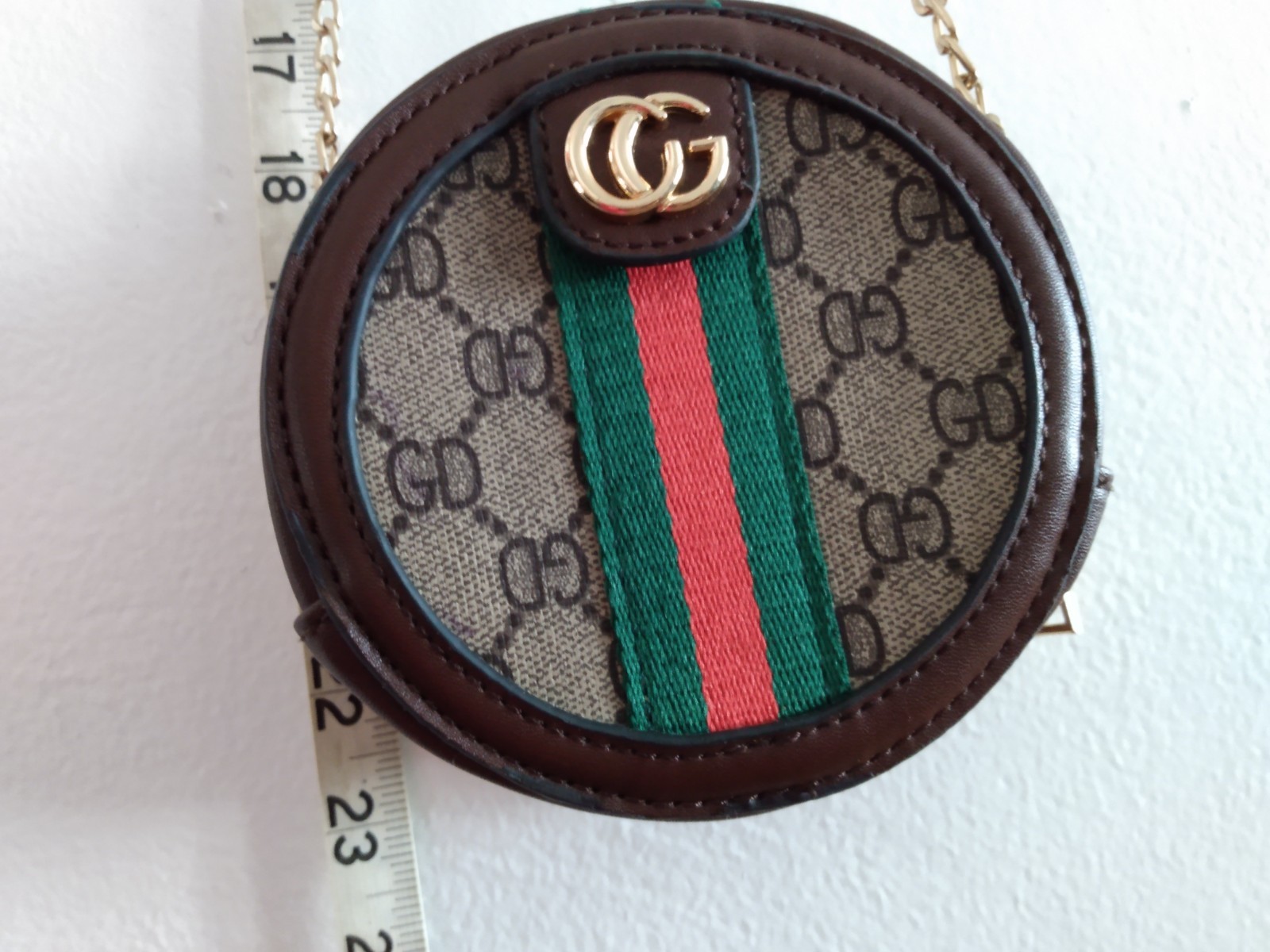Round Mini Crossbody Bag Web Stripe Gold Hardware Long Chain Strap ~ New