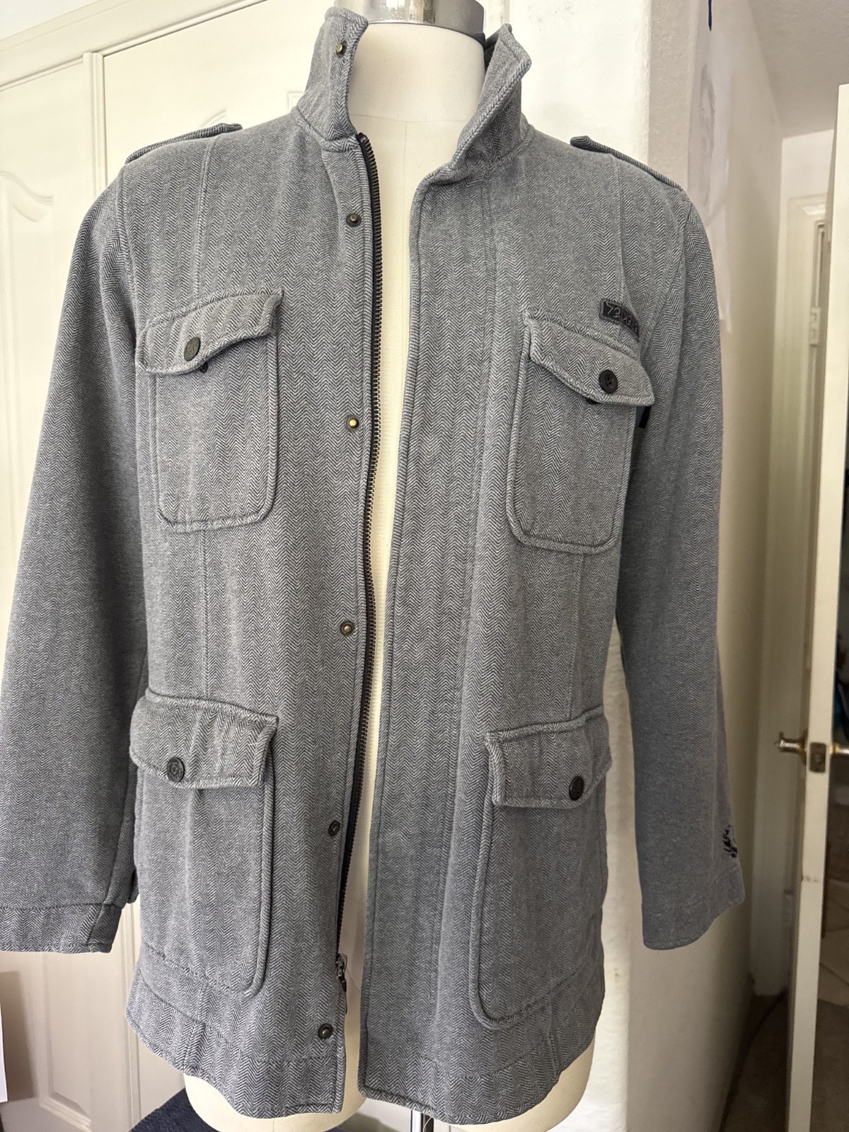Ezekiel Gray Herringbone Military Field Jacket Size L Full Zip Button Coat