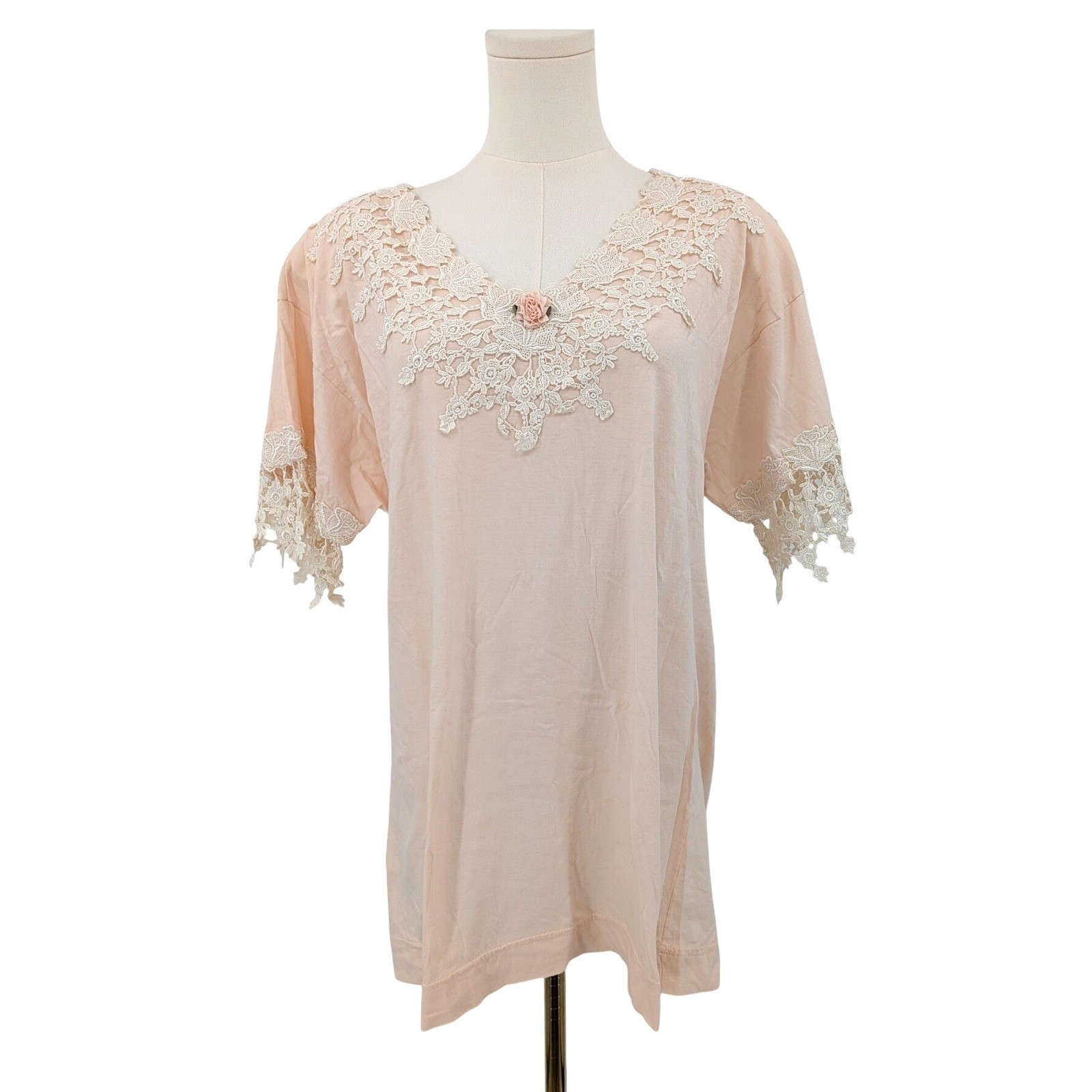 Vintage Magnet Art Peach Lace Applique Top L Cotton Romantic Cottagecore Blouse