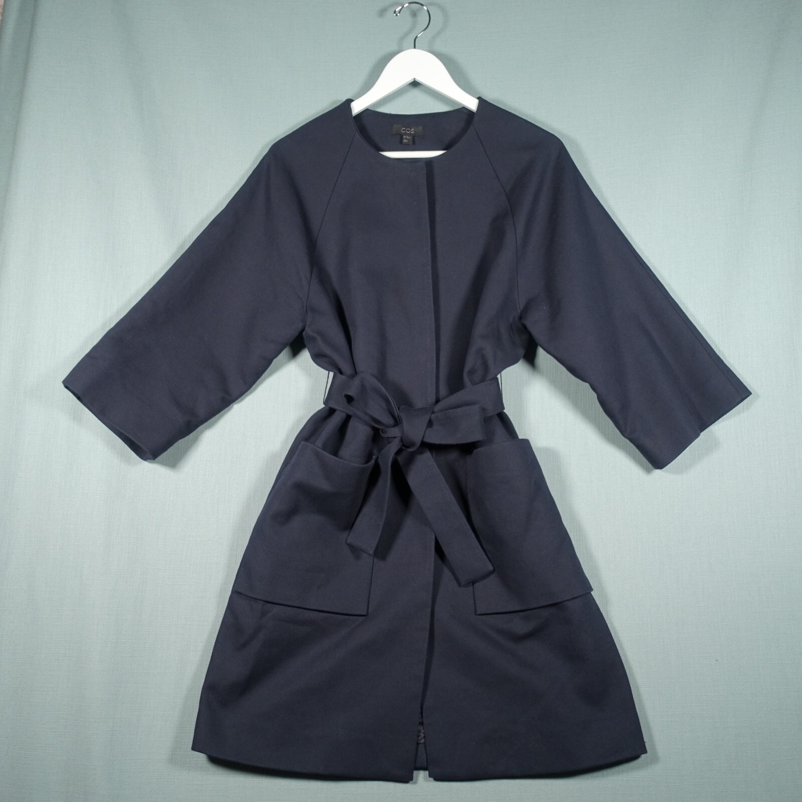 COS Trench Coat Womens 38 Blue Heavyweight Belted Button Collarless Contemporary