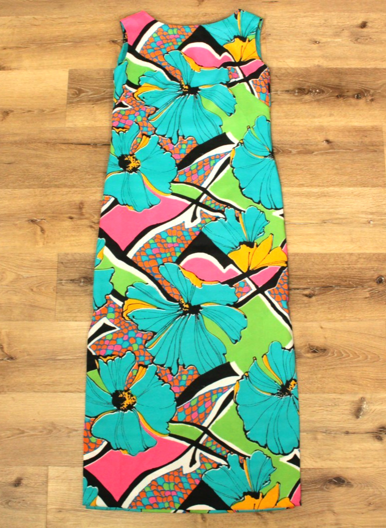 VTG Women’s 60s Colorful Psychedelic Floral & Fish Scale Sheath Dress Sz M 1960s