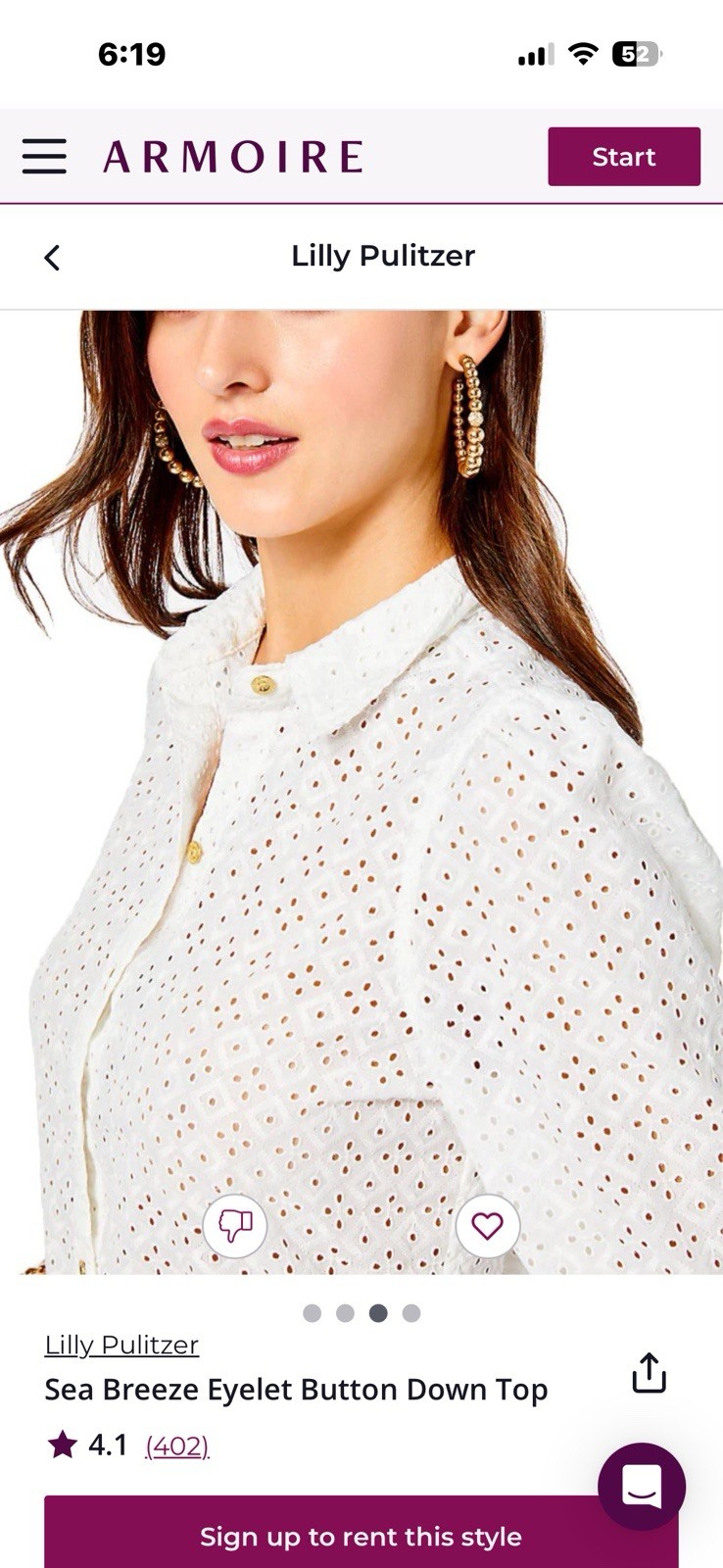 Lilly Pulitzer White Sea View Eyelet Gold Puff Sleeve Button Down Size XS
