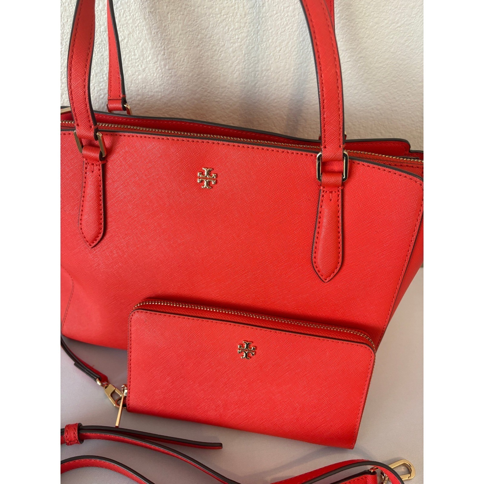 Tory Burch Robinson Red Saffiano Leather Tote Bag and Matching Wallet Set