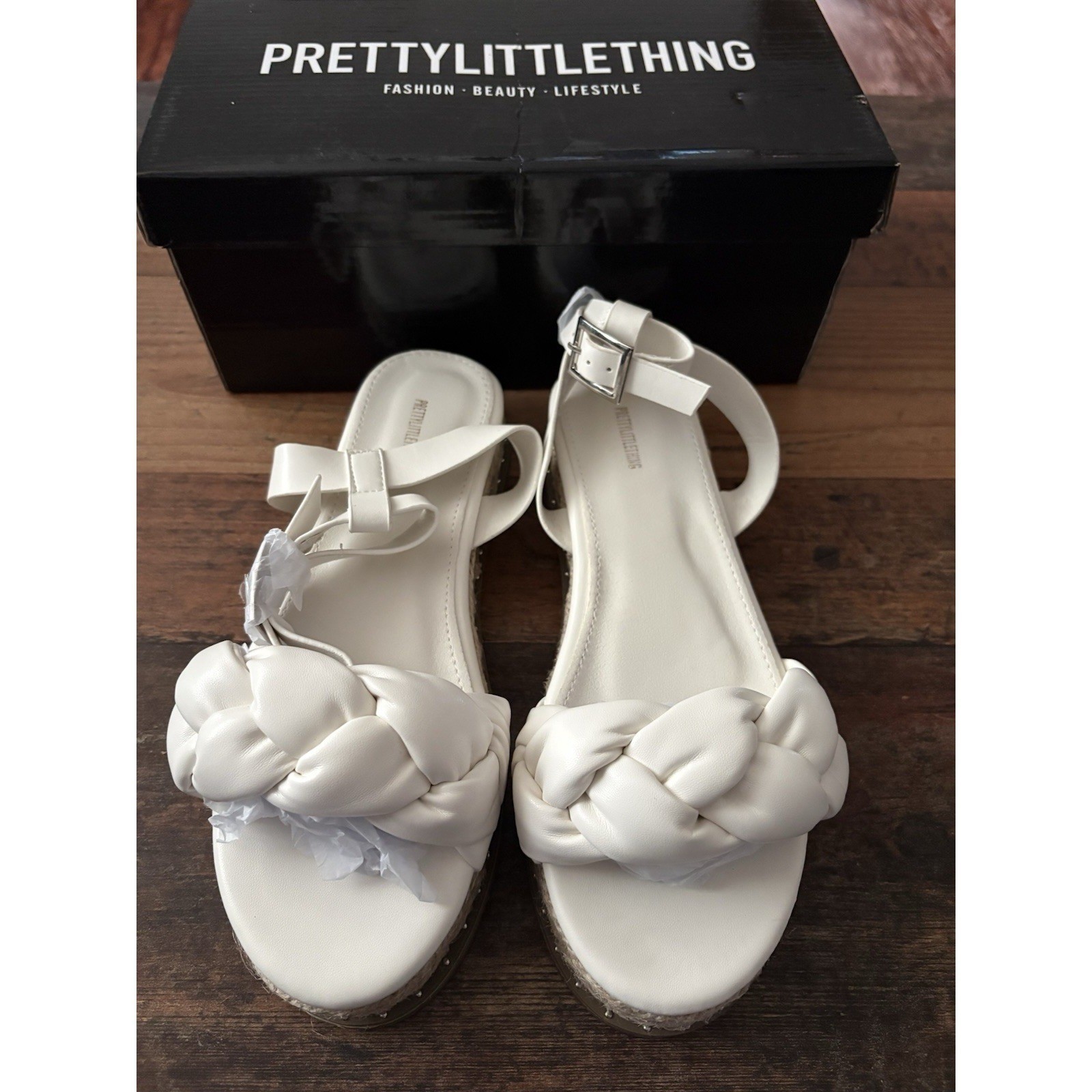 PrettyLittleThing White PU Plait Detail Strappy Espadrille Sandals Size 6 NEW