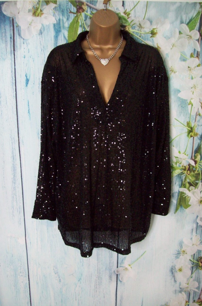 New F&F Black Sequin Shirt Top UK 12 Oversized 12/14 Stretch Party Occasion