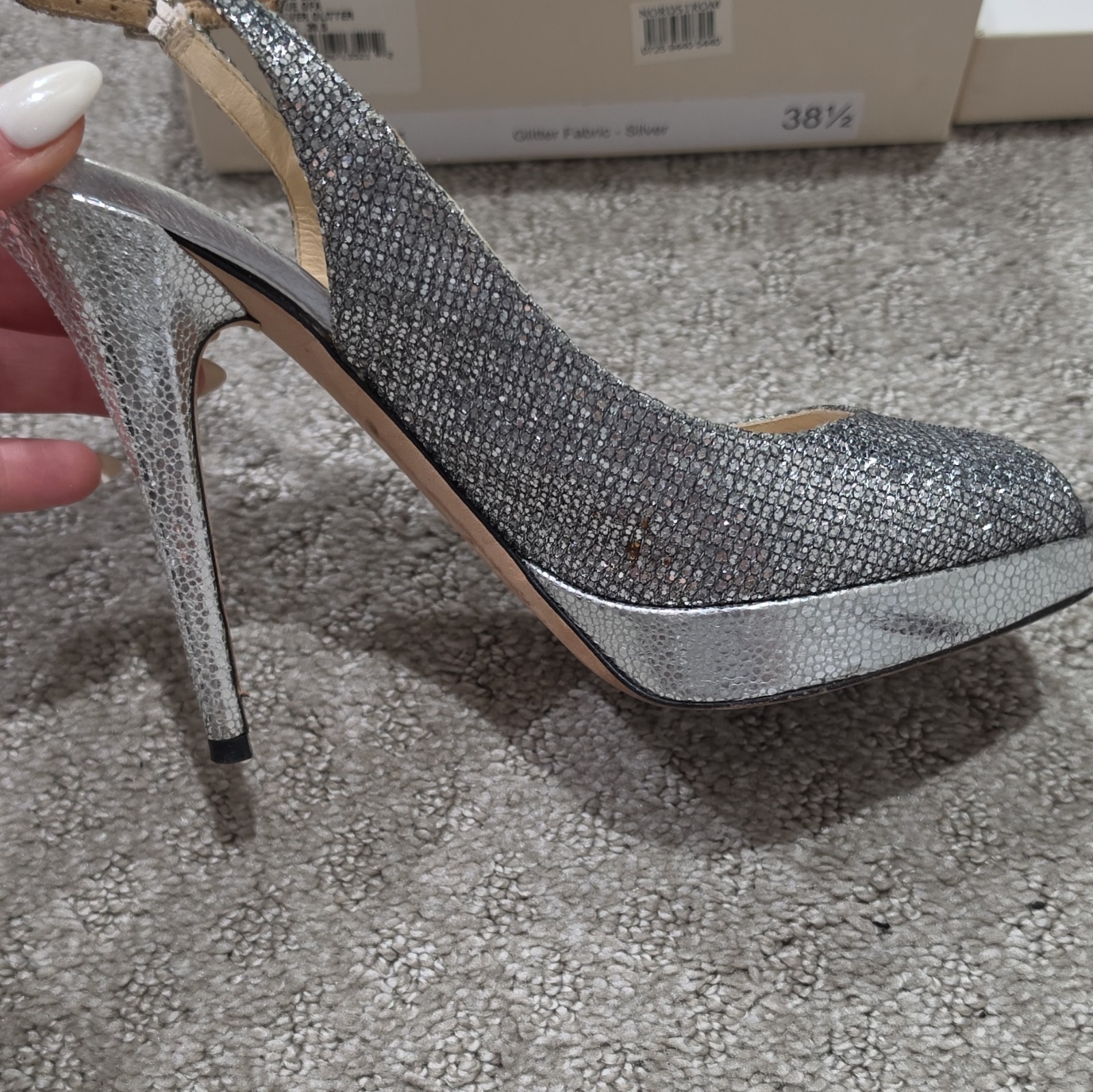 Jimmy Choo Silver Glitter Fabric Platform Peep Toe Ankle Strap Heels 38.5