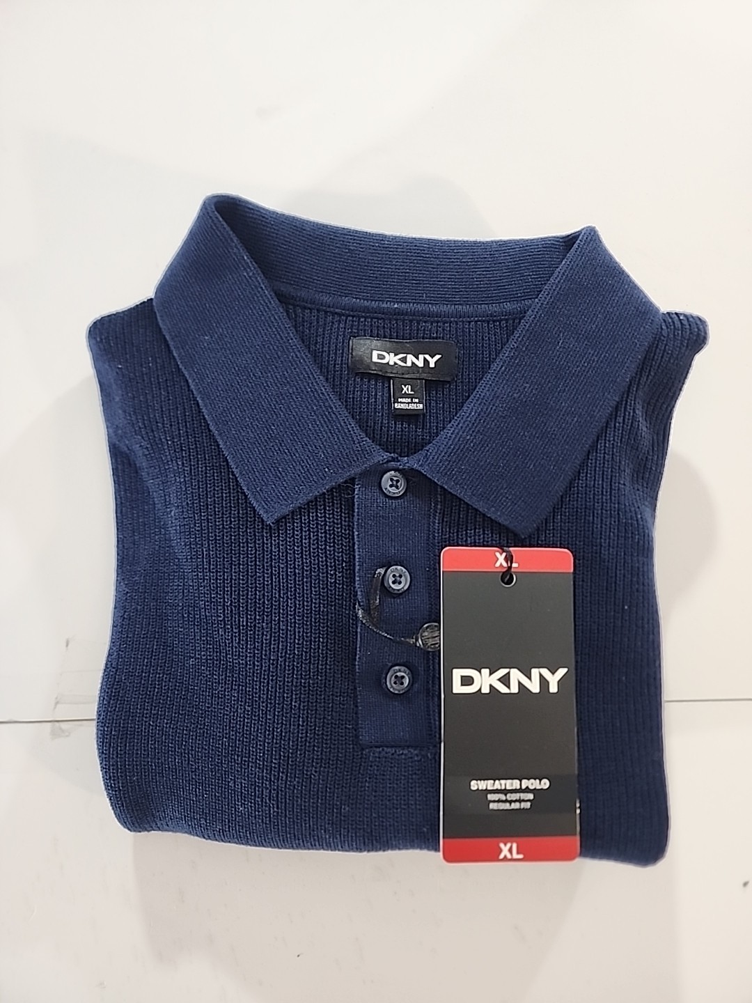 DKNY Men’s Short Sleeve Ribbed Knit 3 Button Placket Collared Sweater Polo XL