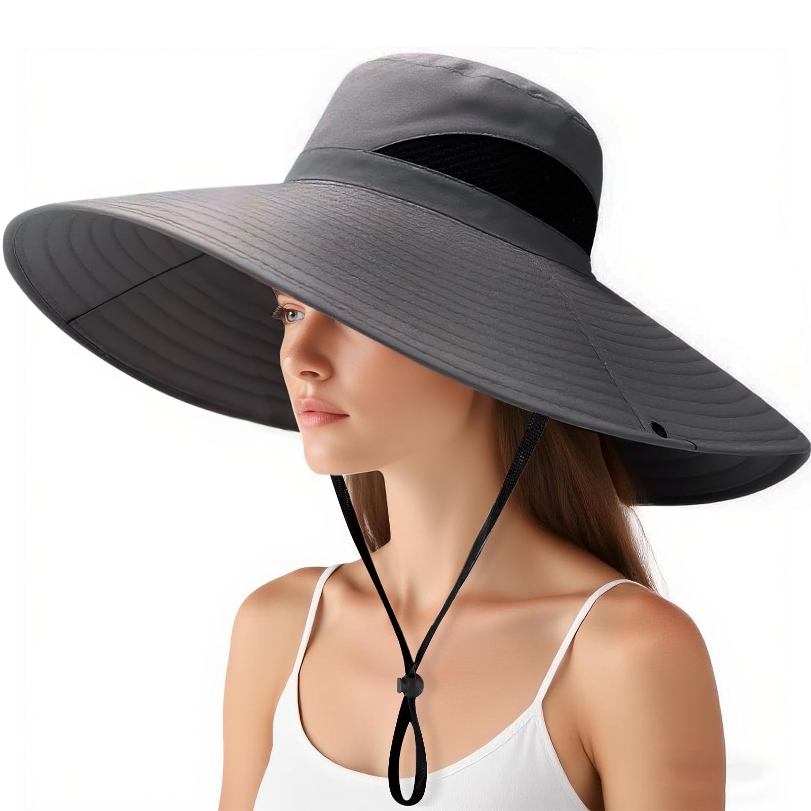 Super Wide Brim Sun Hat, UPF 50+ UV Protection Waterproof 7 1/8, Dark Grey 01