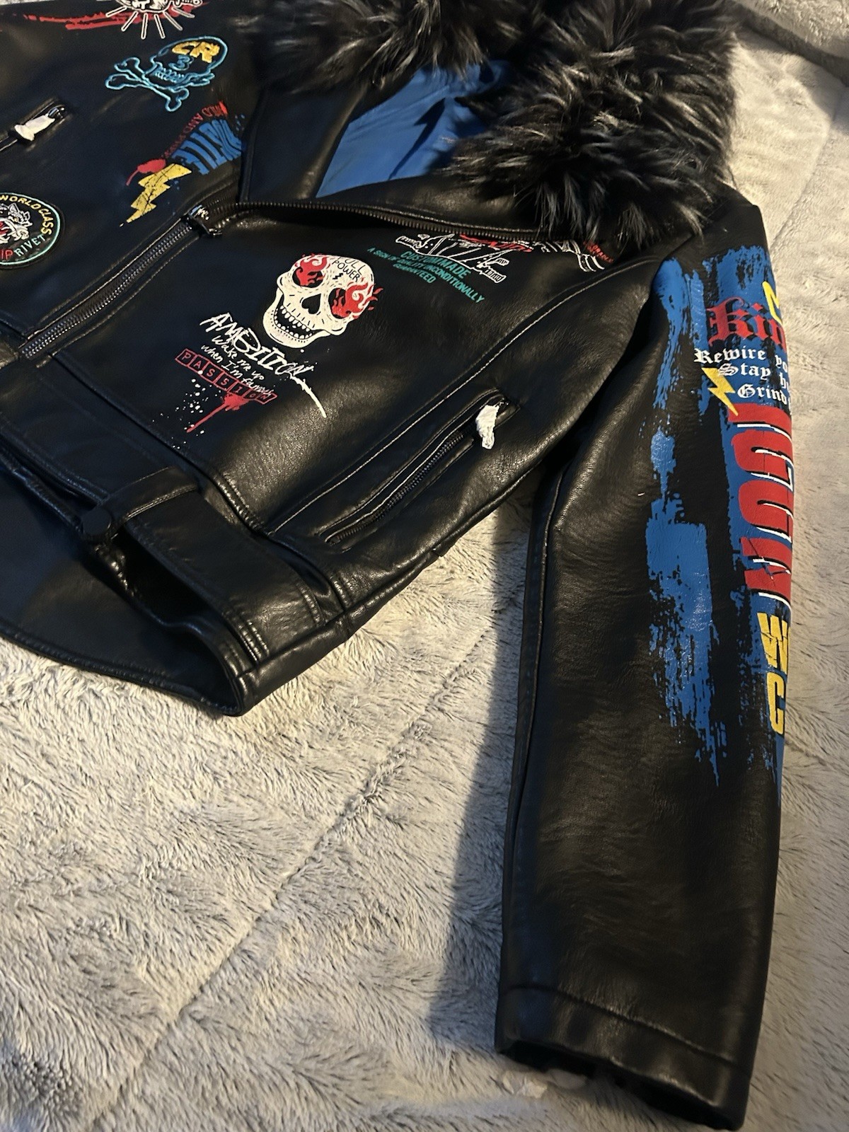 Copper Rivet Moto PU Leather Jacket Black Mens XLarge Removable Fur Graphic
