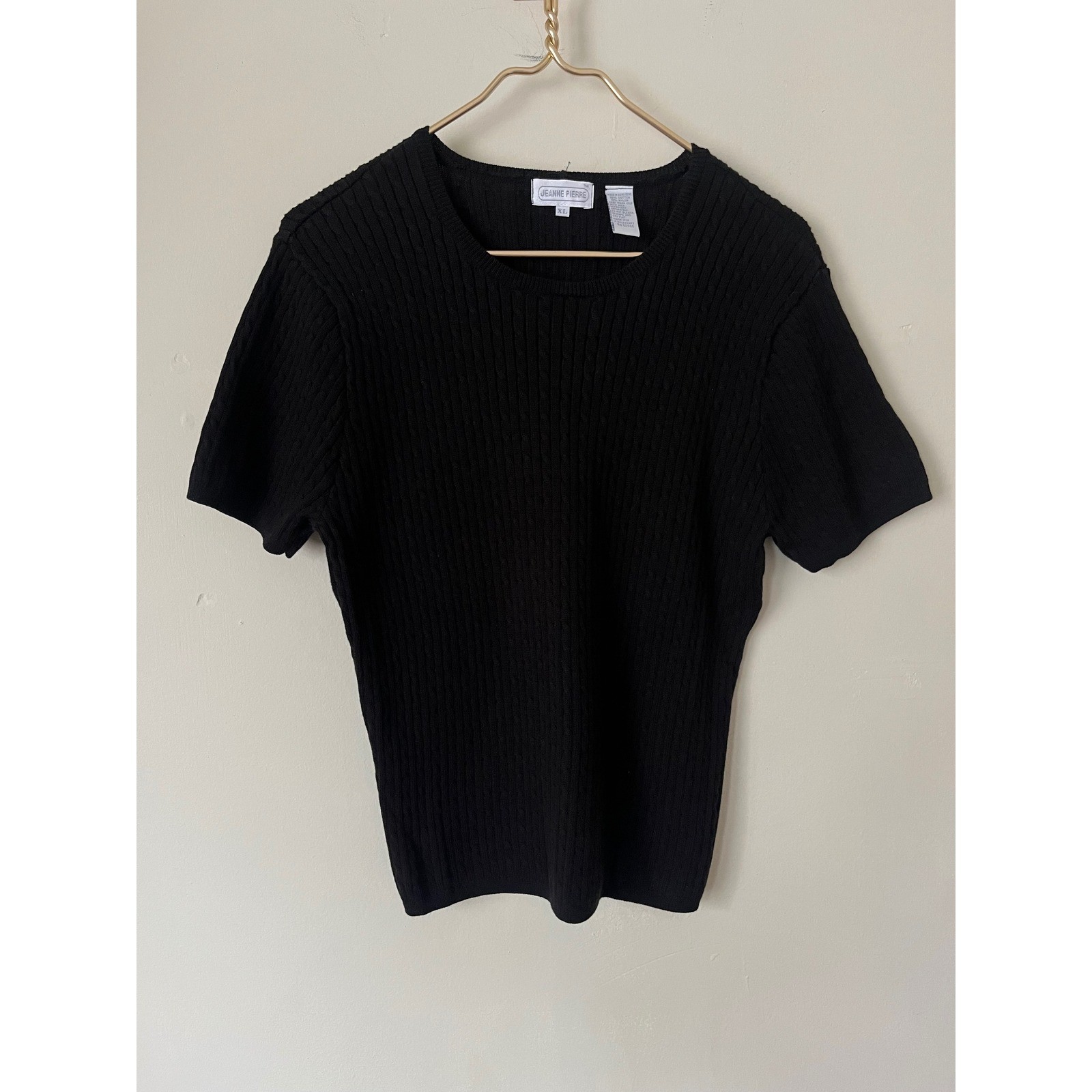 Jeanne Pierre Womens XL Black Cable Knit Short Sleeve Sweater Cotton Blend Top