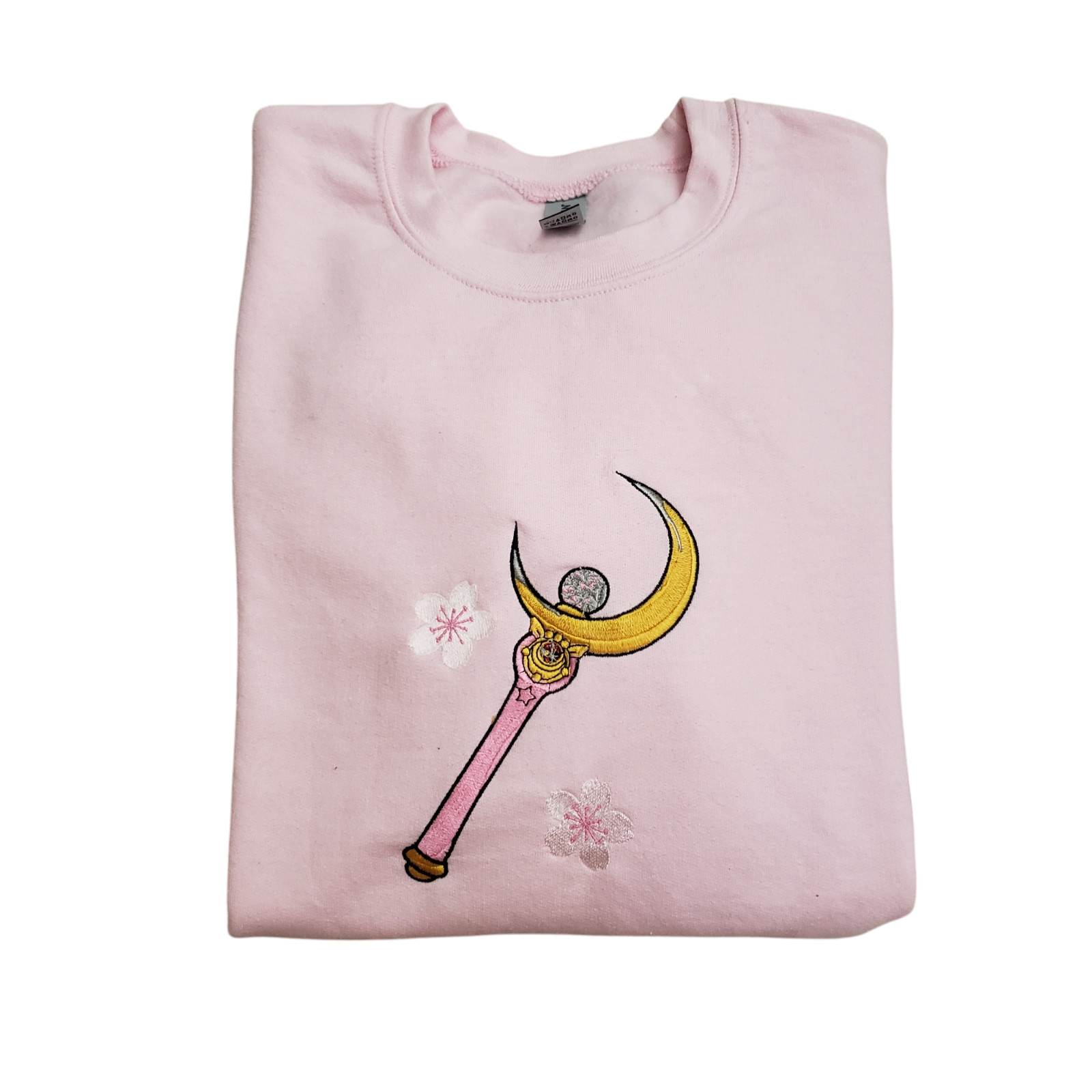 Sailor Moon Crescent Moon Cherry Blossom Embroidered Crewneck Sweater Pink Sz M
