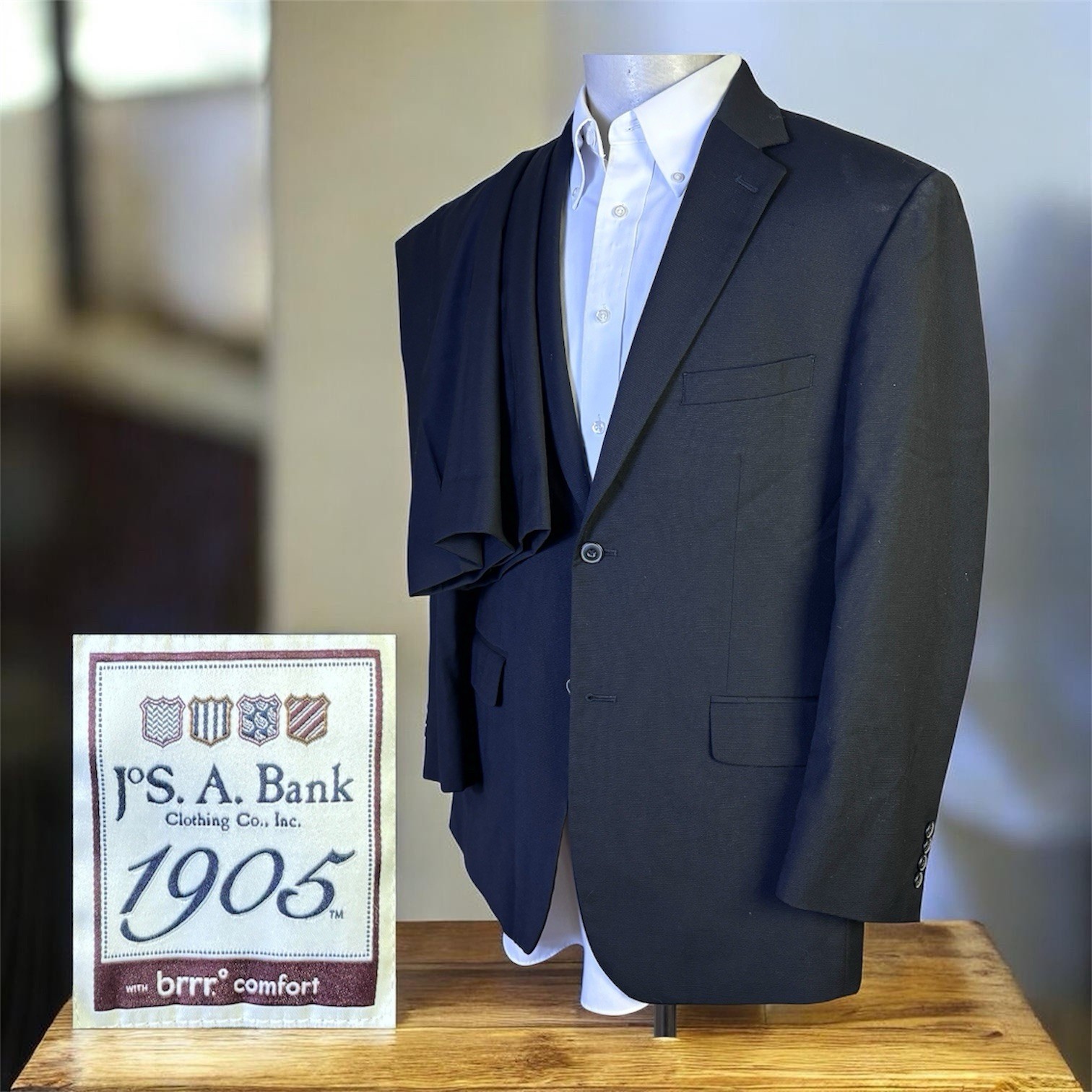 Jos A Bank 1905 2 Piece Suit Mens 42R 36×28 Solid Black Tailored Fit Wool