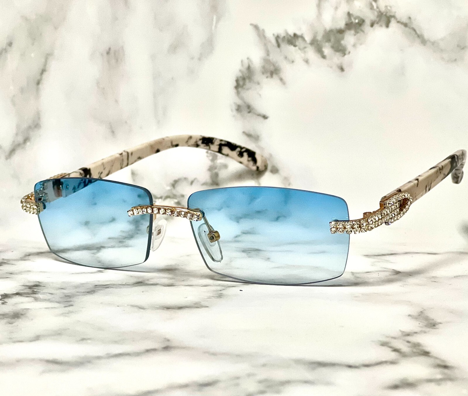 Diamond Sunglasses BUFF’S BLUE lens gold Buffs Retro vintage Hip Hop rapper Iced
