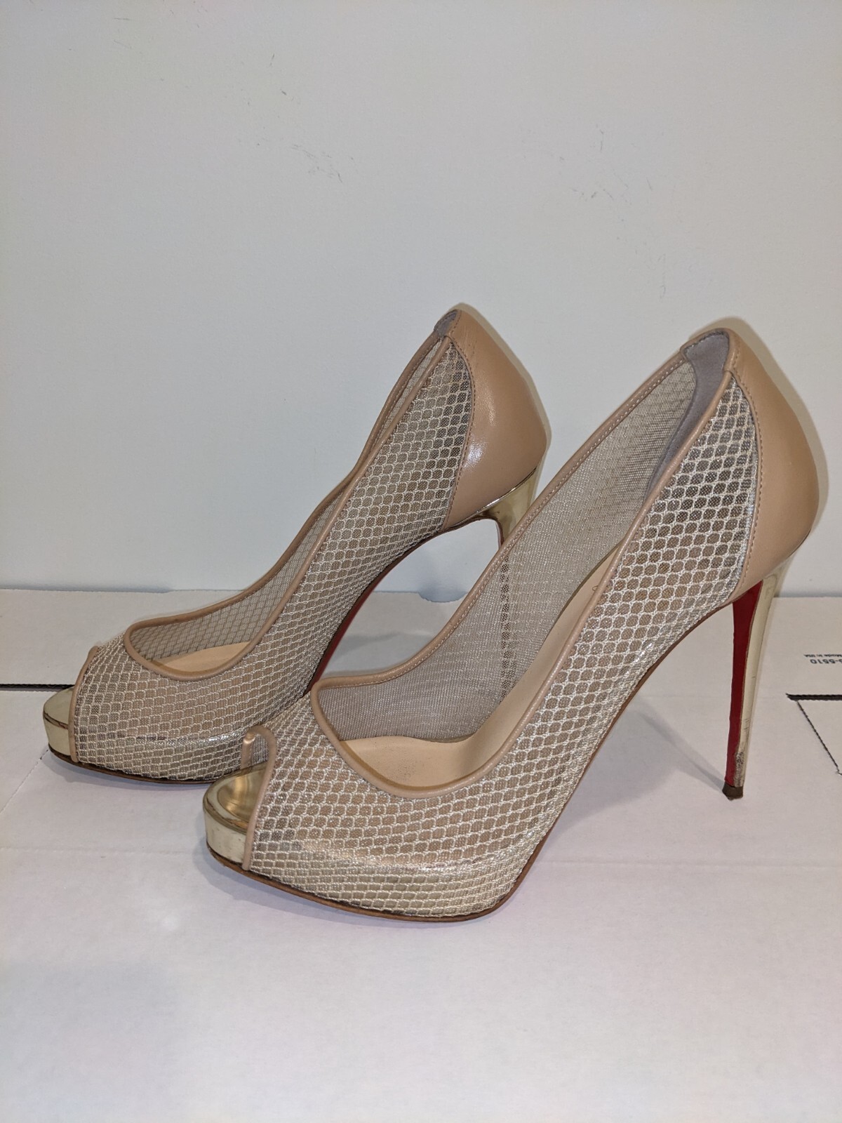Christian Louboutin 37.5 Nude Very Rete 115mm Red Sole Mesh Fishnet Pumps