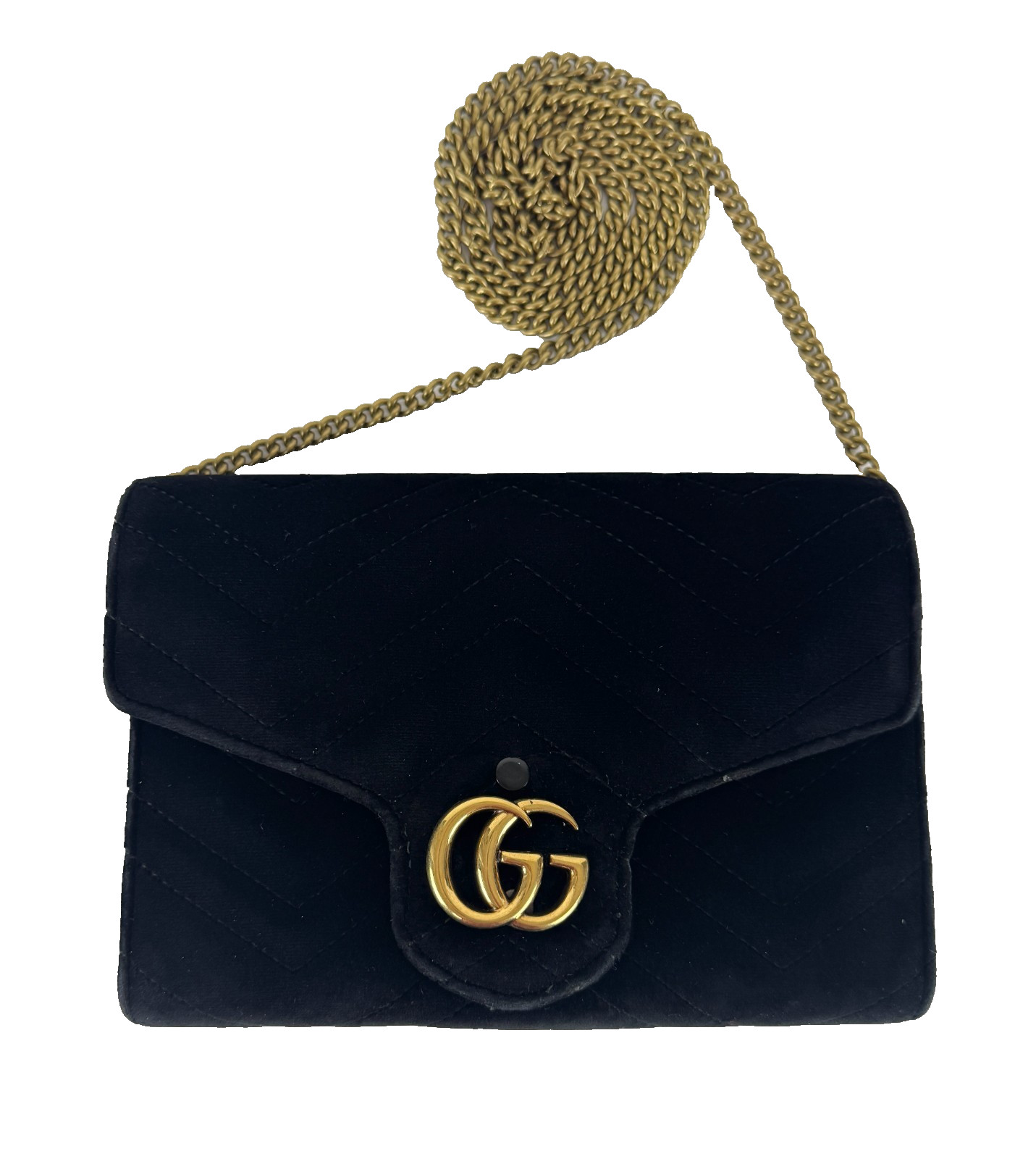 Gucci Auth Black Velvet Leather GG Marmont Mini Chain Strap Bag Wallet Crossbody