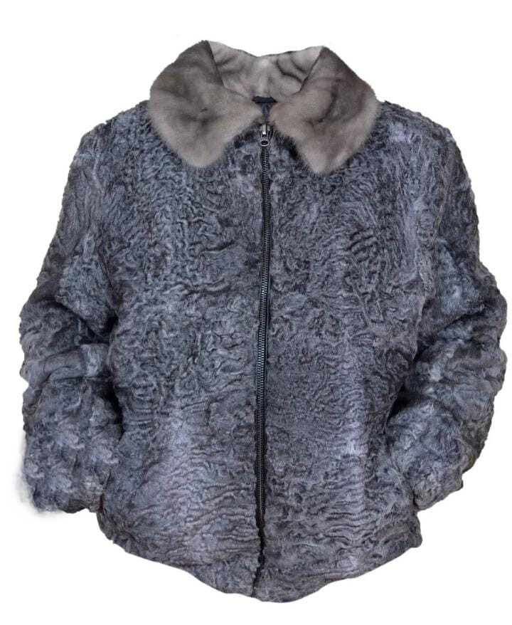 Gray Real Persian Lamb Fur Bomber Jacket Real Mink Fur Collar Astrakhan Fur Coat