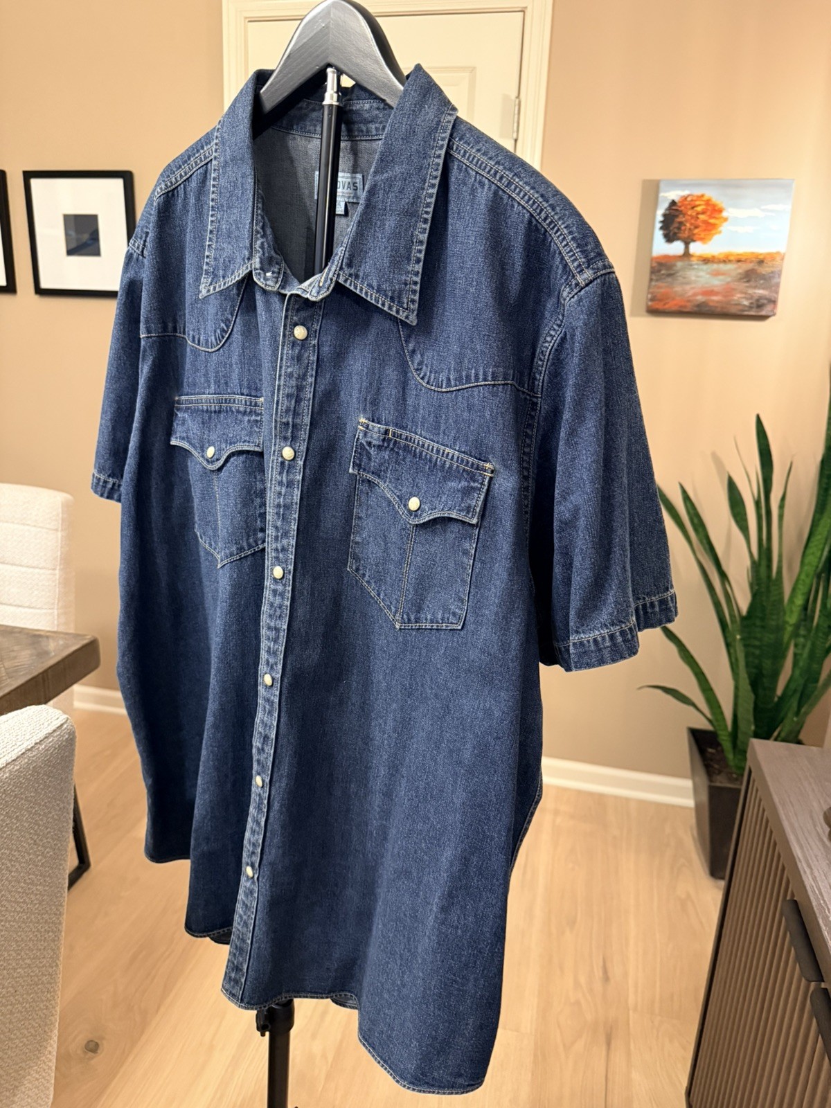 New Tecovas Western Shirt Mens Large Blue Denim Pearl Snap Yoke Short Sleeve