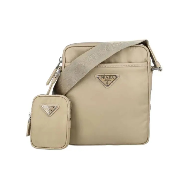 PRADA Metal Triangle Logo Leather Shoulder Bag For Men 6.6x2x7.8 in