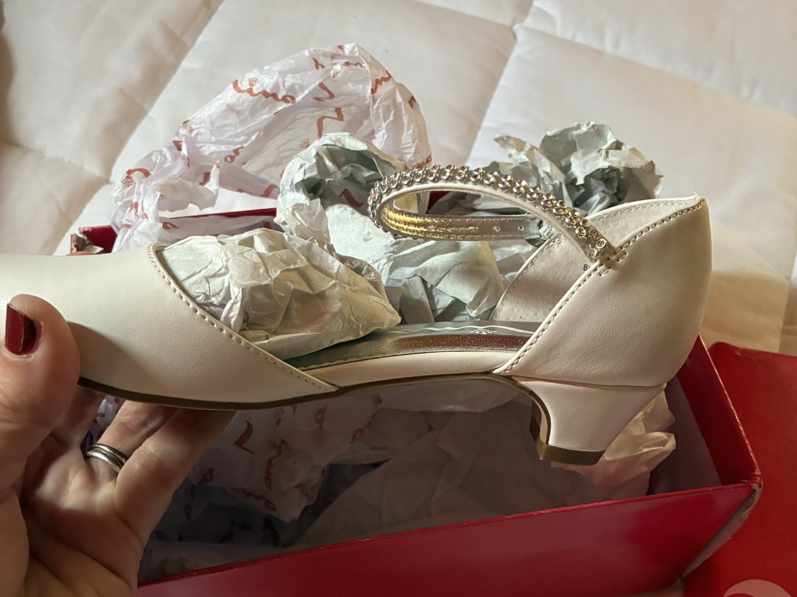 Nina White Leather Little Big Girl Shoes Rhinestone Mary Jane Heel Non Marking 1