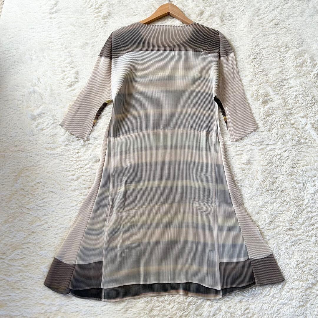 M.&KYOKO Pleated Beige Multi Knee Length 3/4 Sleeve Dress FreeSize Auth