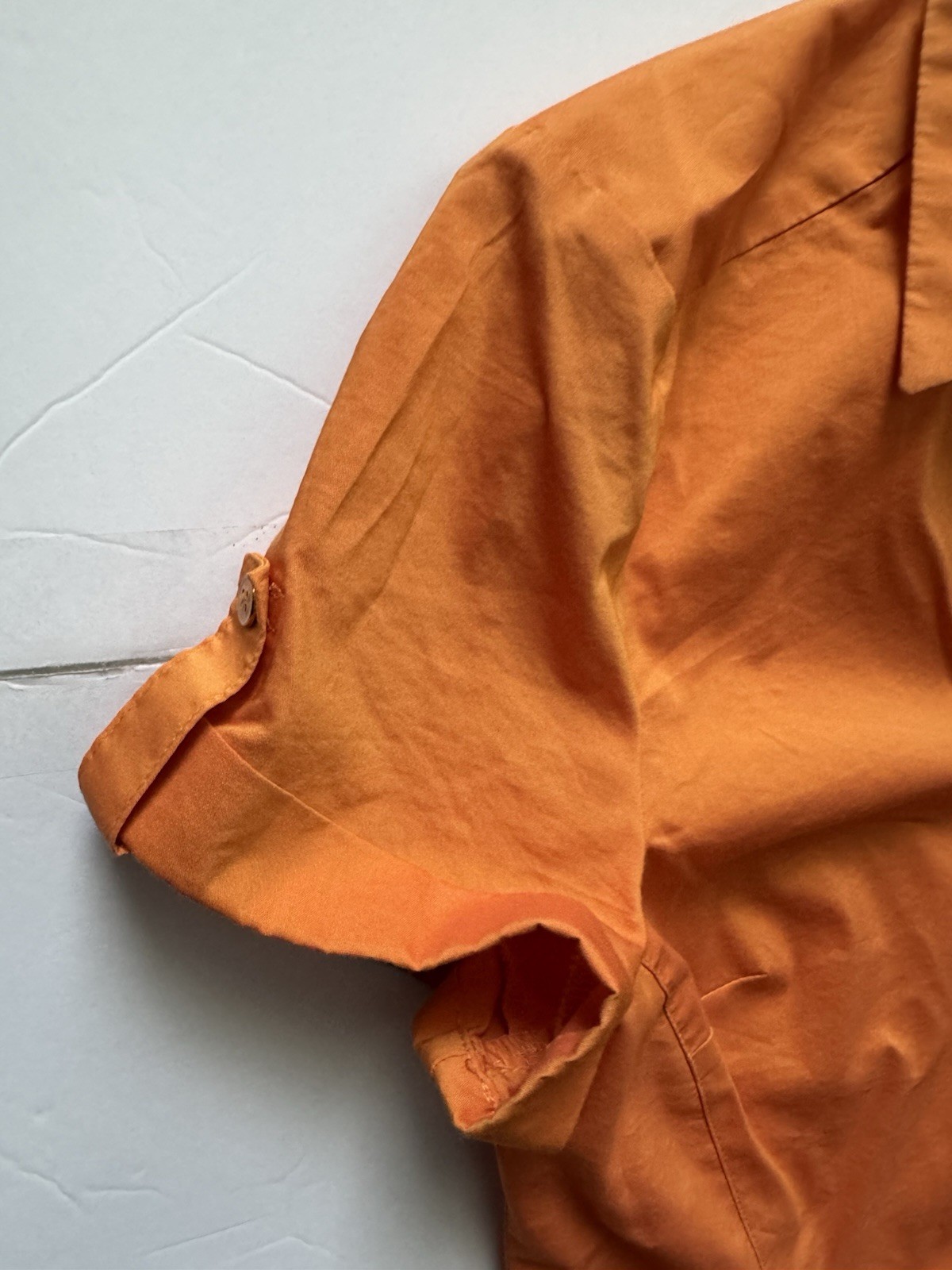 7th Avenue NYC S Orange Button Front Blouse Top Stretch Work Shirt Short Sleev