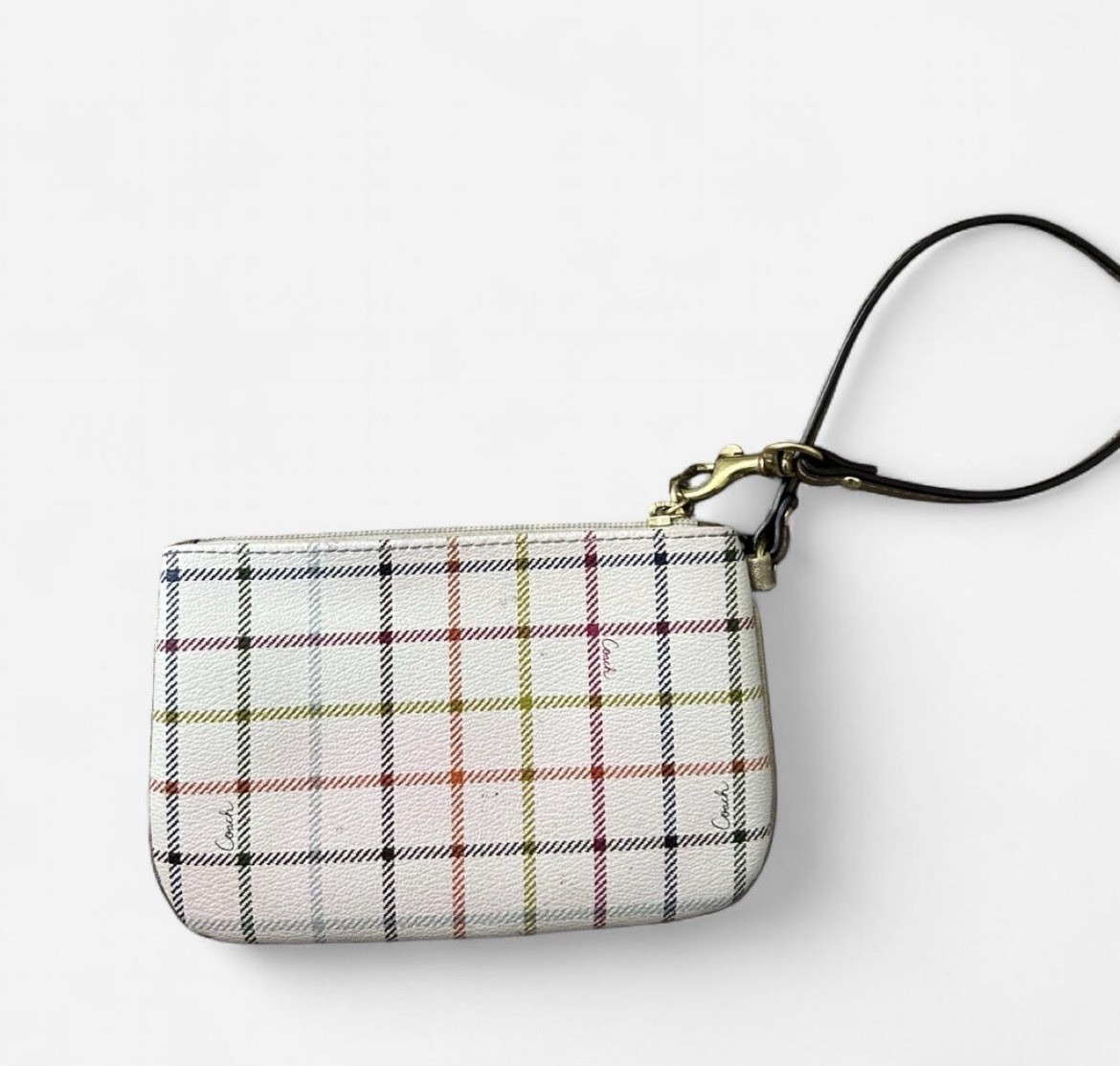 Ivory Plaid Zip Wristlet Pouch w/ Brown Leather Strap, Pink Lining, Gold