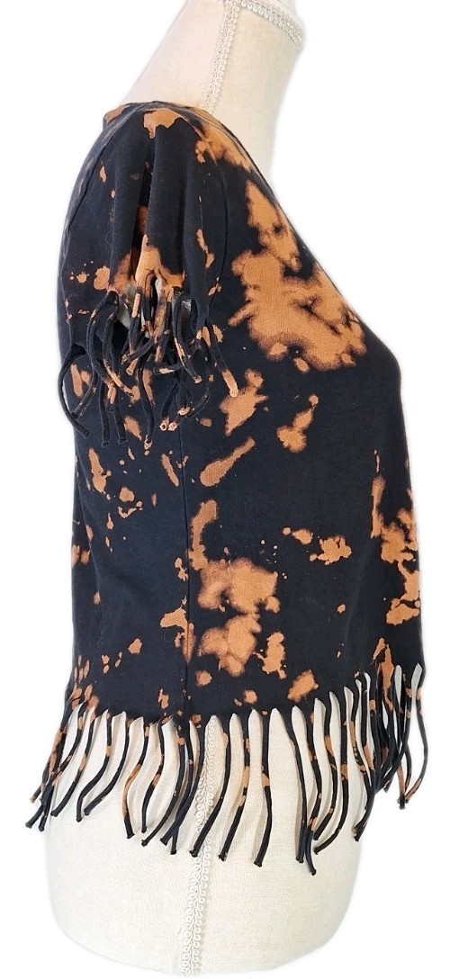 ON FIRE SzM Custom Reverse Bleach Tie-Dye Fringed Trim Casual Top Black & Brown