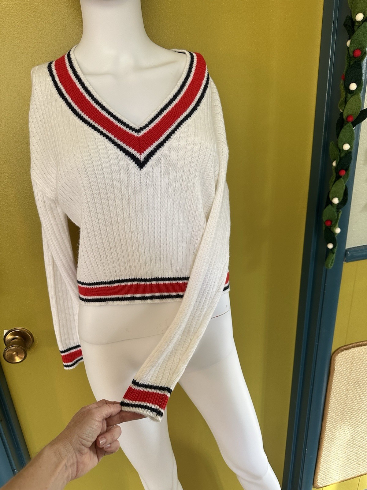 Divided – College prep v neck sweater. Red and black stripe on white. Small
