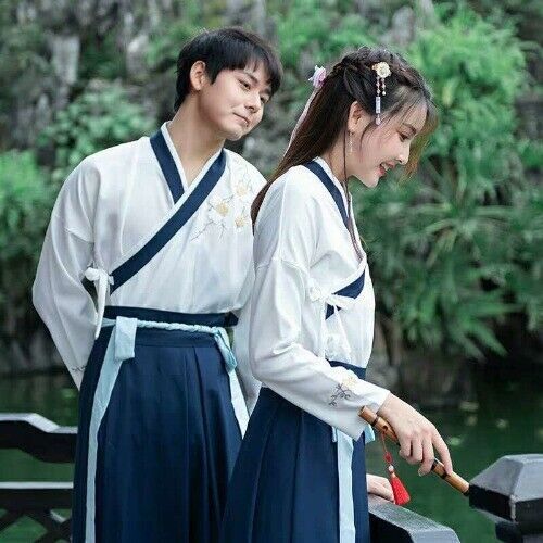 Chinese Dress Korean Hanfu White Blue Men Women Dress Cosplay Embroidery Kimono