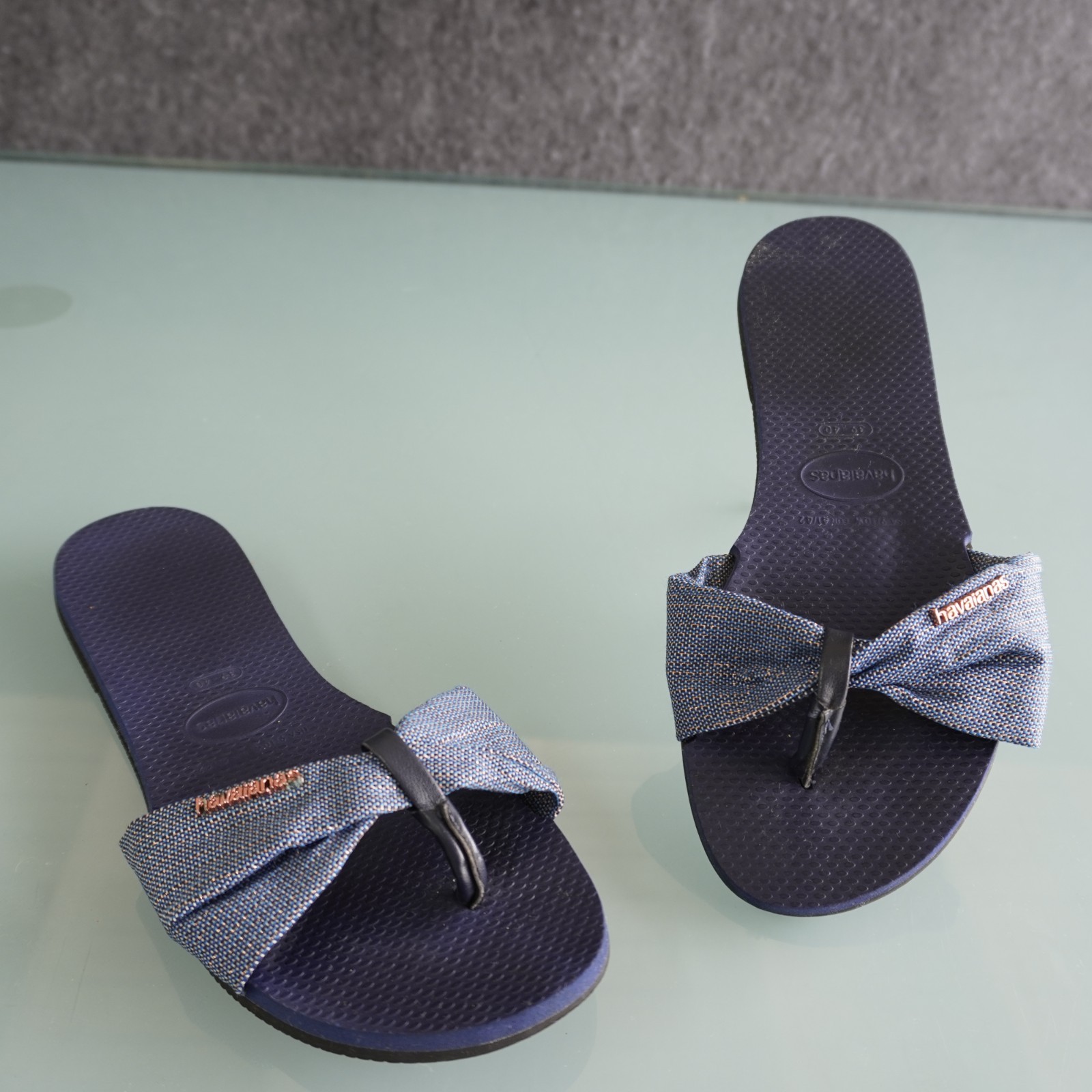 Havaianas You St Tropez Shine Sandals Womens 9 10 Navy Blue Fabric Bow Flip Flop