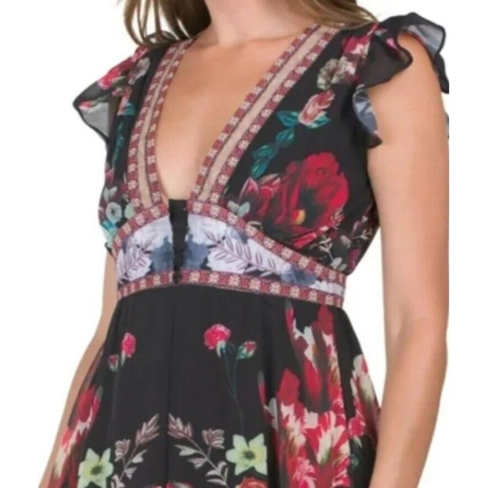 Dalia MacPhee Dress Black Chiffon Bright Floral Tiered Maxi Size S Flowy Event