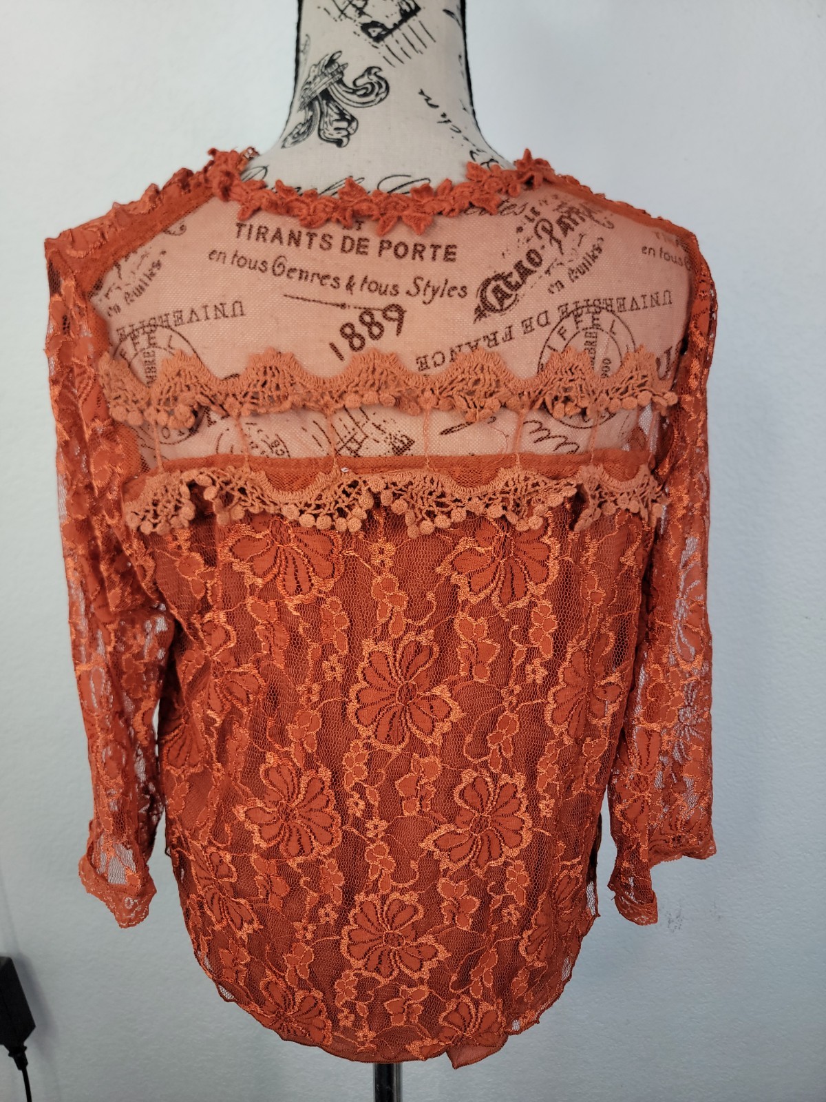 NWT Pretty Angel Top Sz Medium Lace Overlaid Semi Sheer Orange Rust Boho Sheer