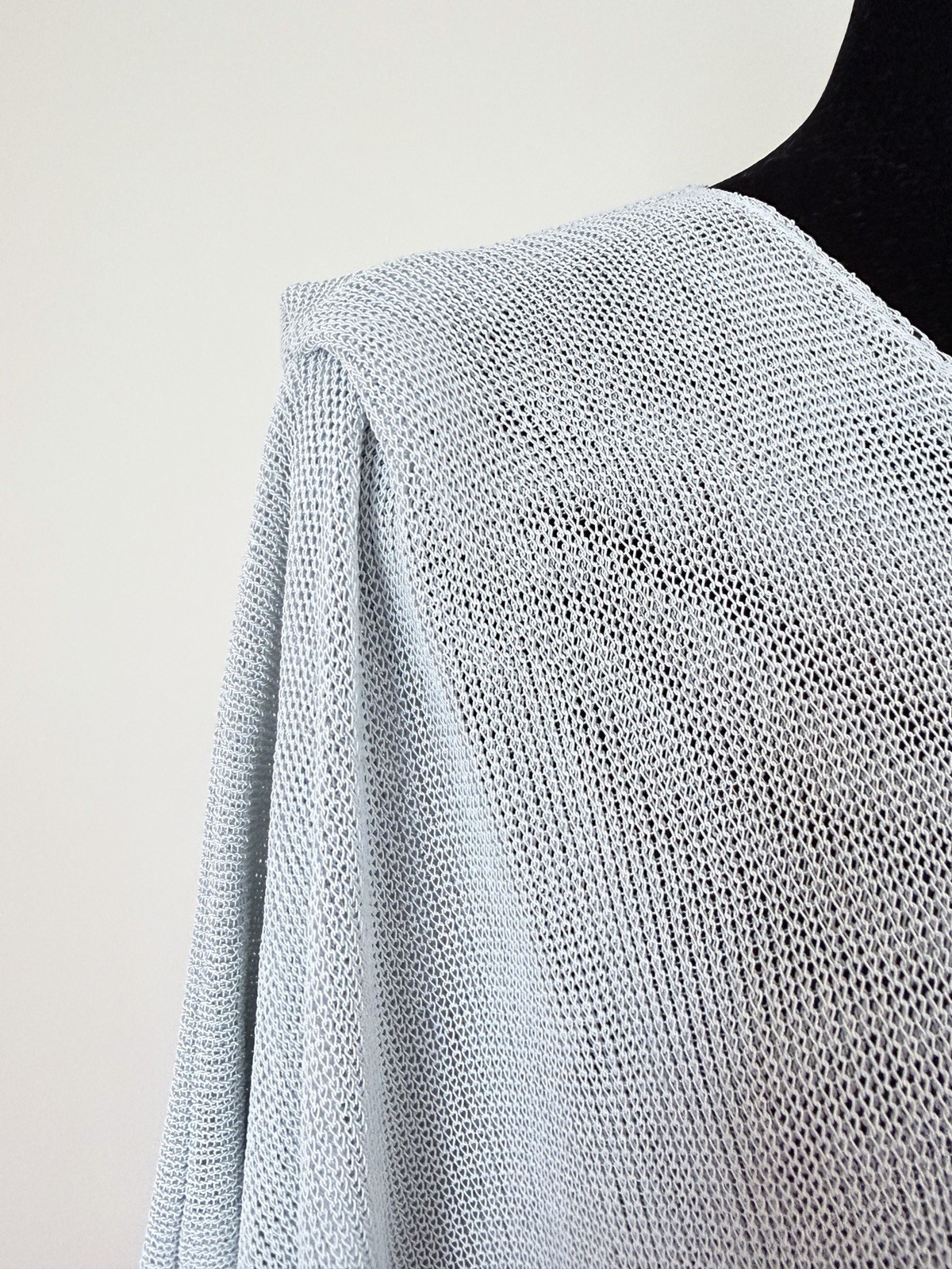 Eskandar Open Knit Sweater Pleated Shoulder Soft Sage Blue Layered Linen Blend