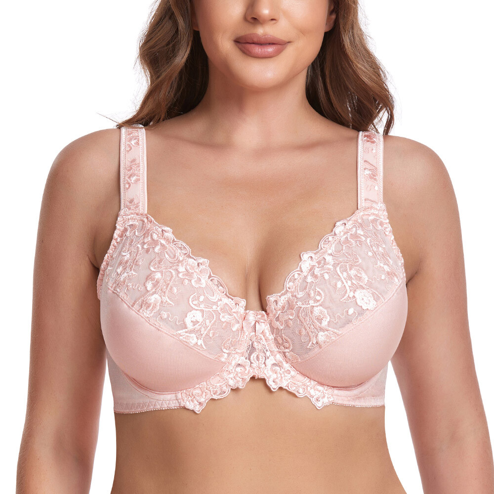 Women’s Minimizer Unlined Underwire Bra with Lace Embroidery Full Coverage Bras