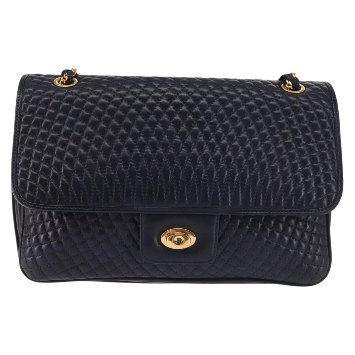 BALLY Chain Shoulder Bag Leather Navy Gold Auth 143089
