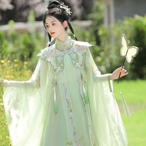 Chinese Hanfu Ming Dynasty Cloud Shoulder Stand Collar Long Shirt Pleated Dress