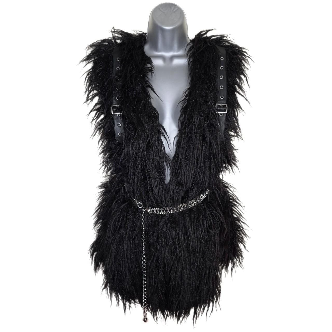 Killstar Black Faux Fur Shag Vest with Chain Belt