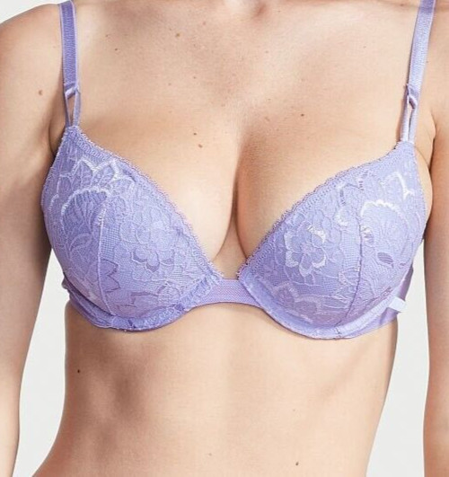38C Lavender Lilac Floral LACE w Mesh Wings Victorias Secret Plunge PU UW Bra