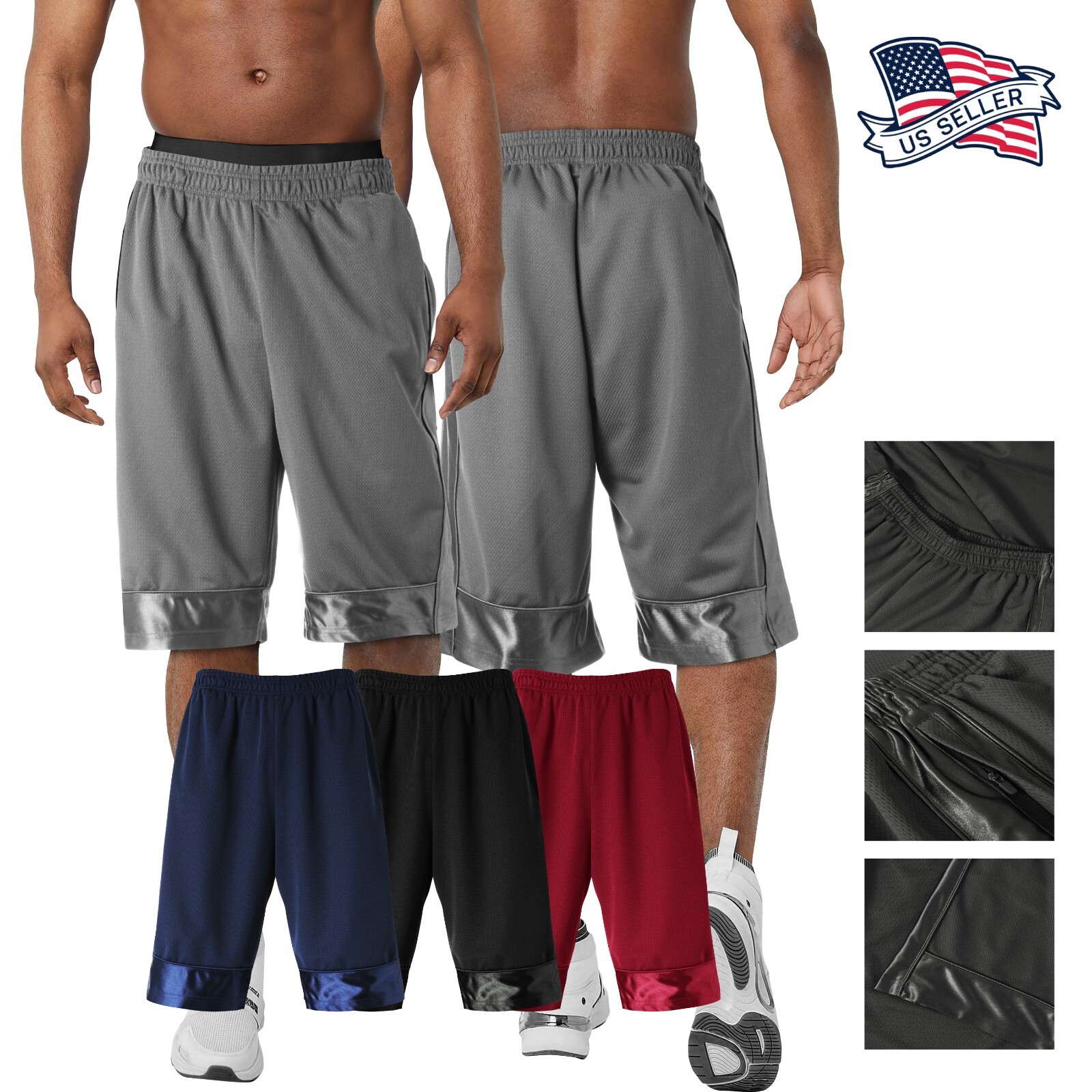 Mens Heavyweight Mesh Breathable Durable Zipper Pocket Basketball Gym Shorts