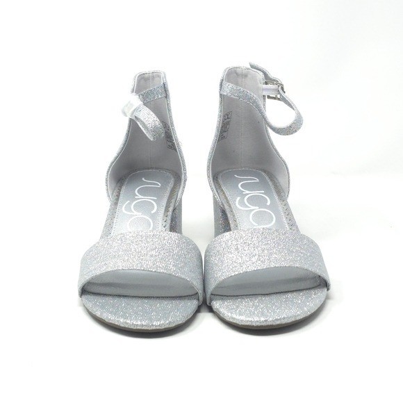 Sugar Noelle Silver Glitter Ankle Strap Block Heel Sandals Size 6M