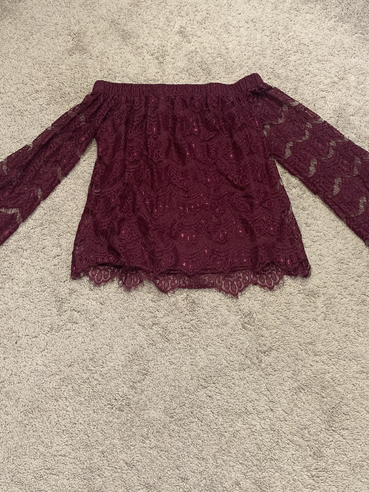 Love Fire Womens Shirt Size S/P Wine colored Lace Off the Shoulder Long Sleeve