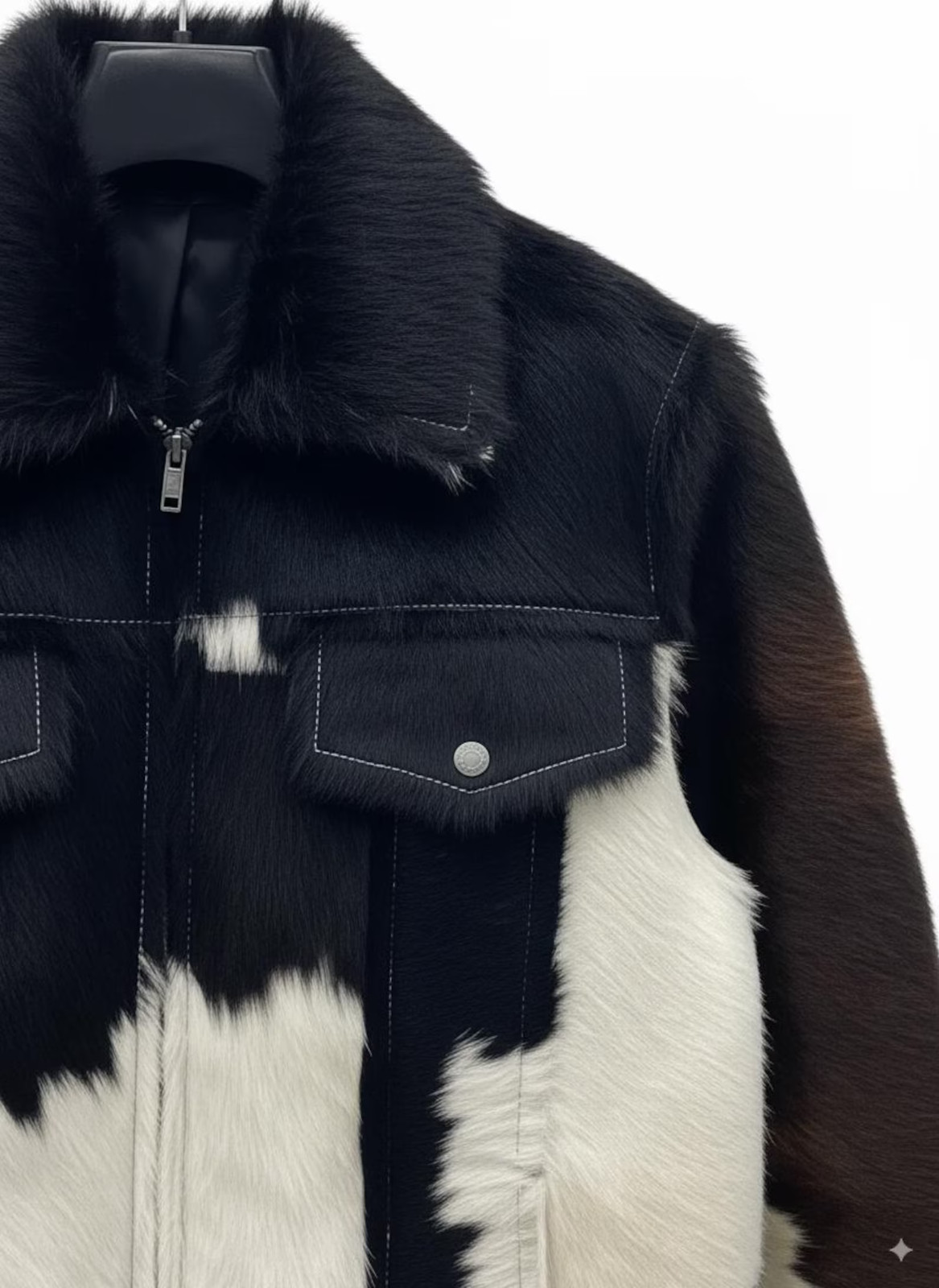 Handmade Black and White Cowhide Leather Jacket – Genuine Hair-On Hide Western S