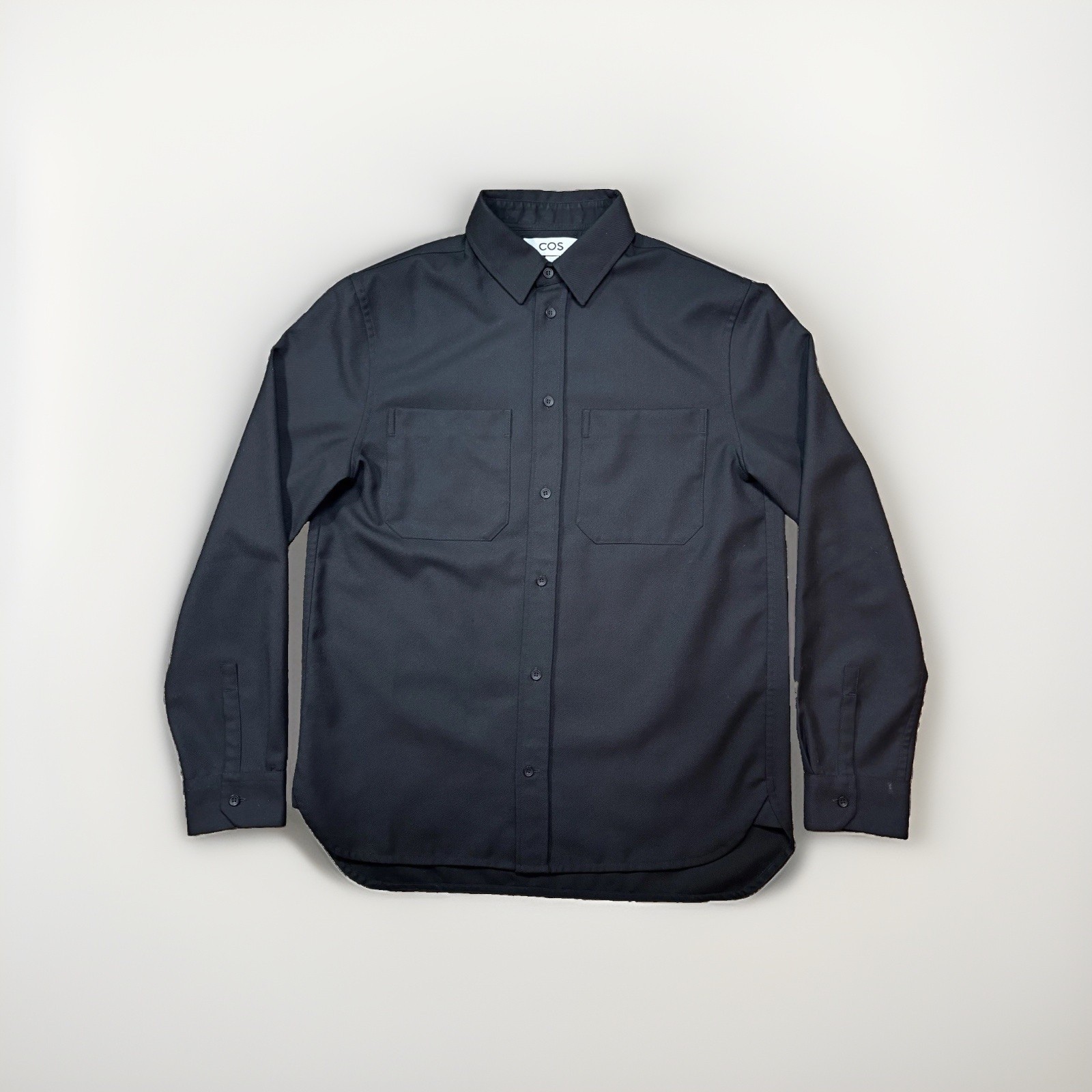 COS Solid Wool Blend Button-Up Shirt Black Long Sleeve Relaxed Pocket Size S