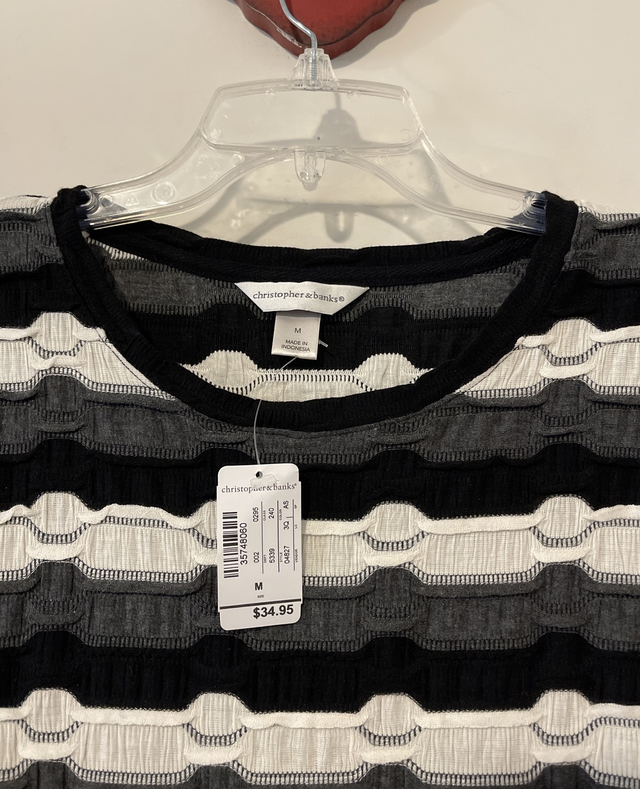 Christopher Banks Womens Medium Black Ivory Gray Ruffle Striped Blouse NWT A5280