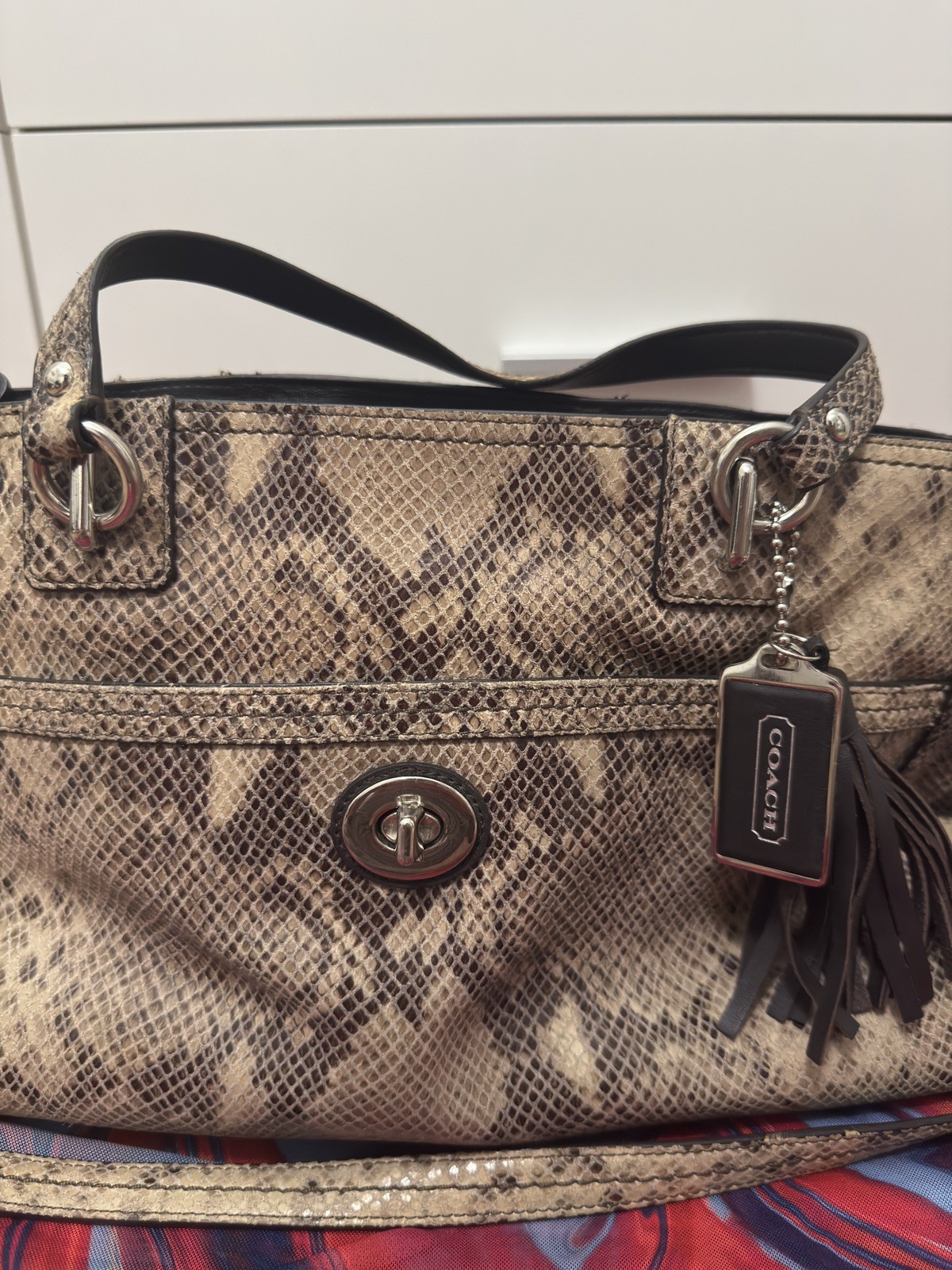 Coach Park Python Embossed Leather Carryall Tote Bag Silver Turnlock F24384