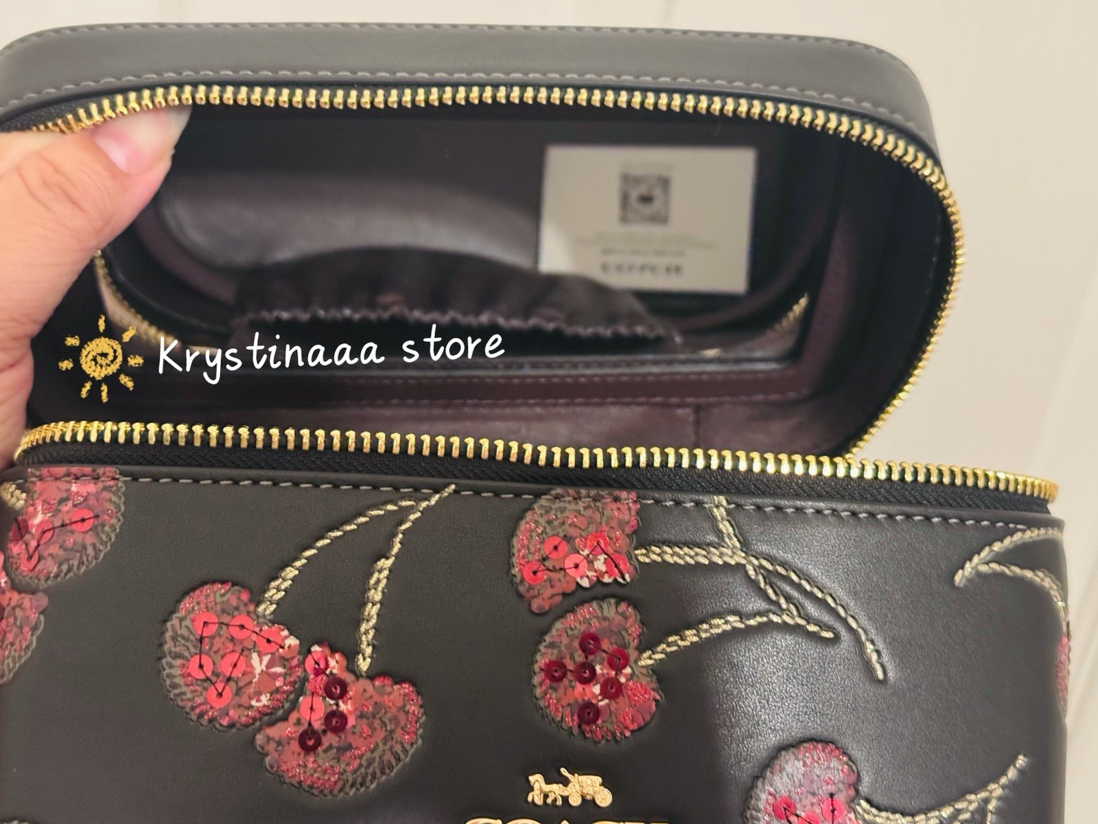 NWT Coach Cosmetic Makeup Case With Cherry Print Black Multi CDC13