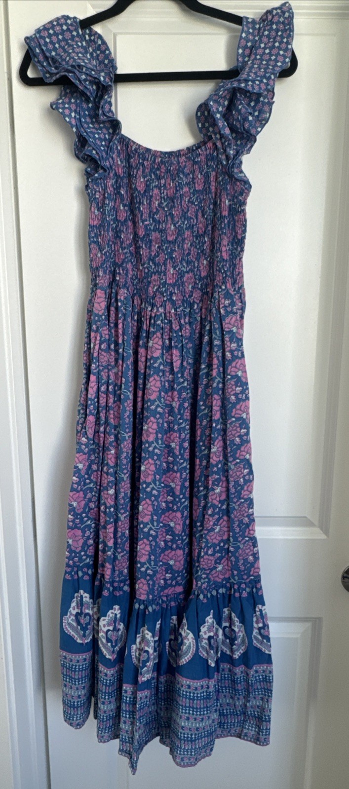 Mille Resort & Travel Floral Blue Midi Olympia Dress Fluttery Sleeves Small $268