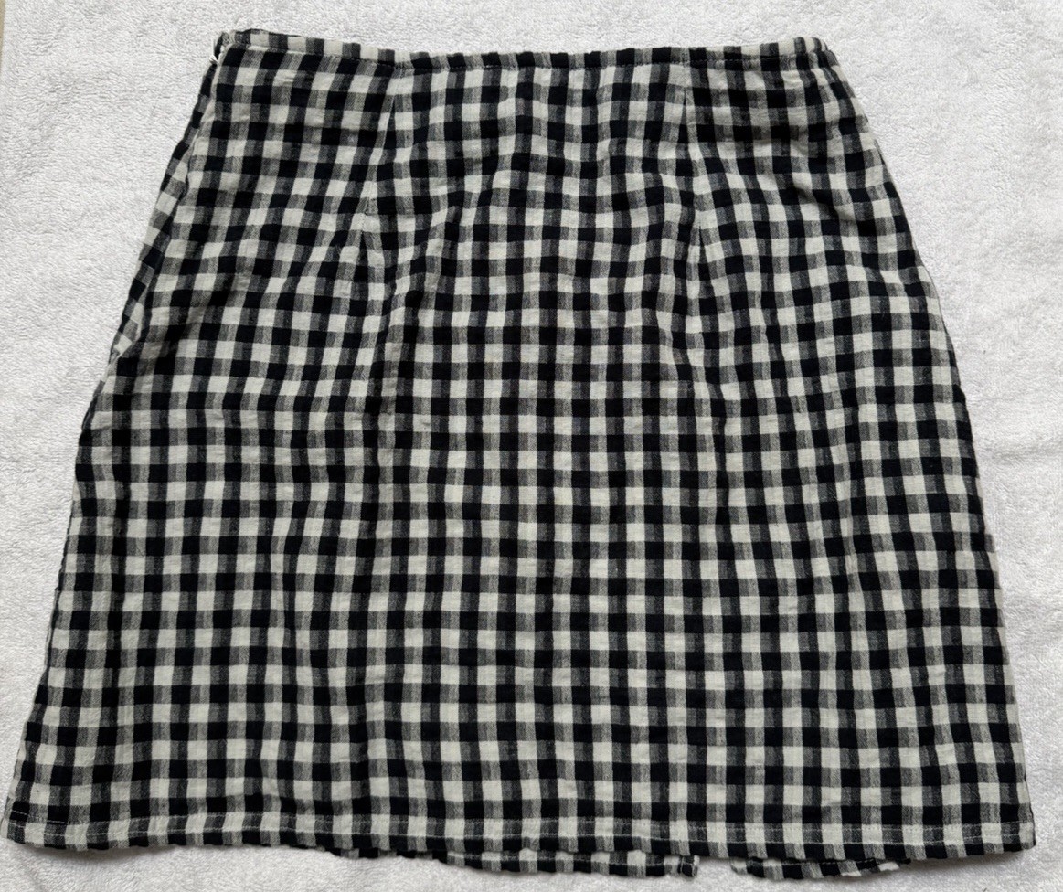 American Eagle Gingham Mini Skirt Size XS Black White Cotton Linen Slit Lined
